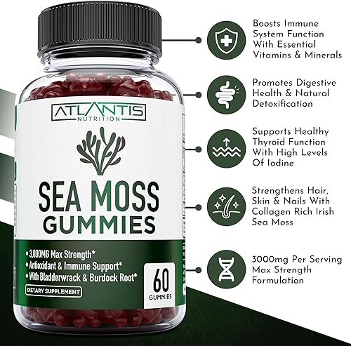 Miniatura 2 de Gomitas de musgo marino irlandés, 3000 mg, formuladas con musgo marino irlandés, vejiga y raíz de bardana. Ricas en vitaminas y minerales