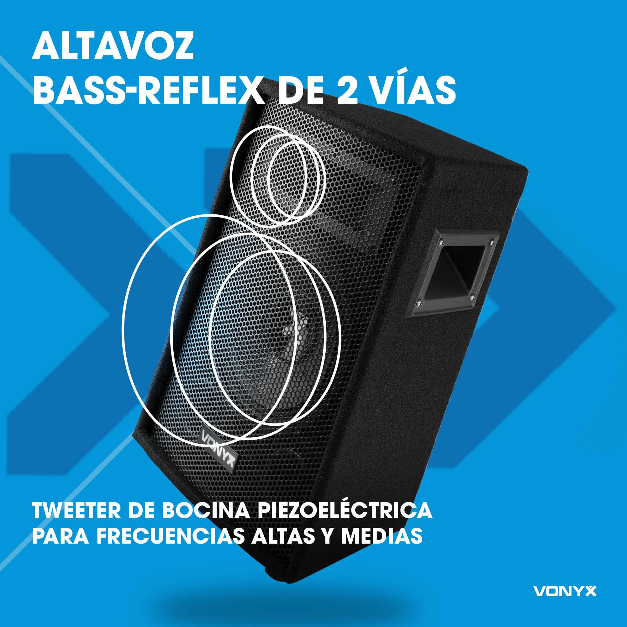 Vonyx VPS082A - Sistema de Sonido PA 800W con Mezclador Amplificado de 8 Canales, Bluetooth, Altavoces pasivos de 8” y trípodes incluidos, Ideal para músicos, DJs y presentaciones en Directo