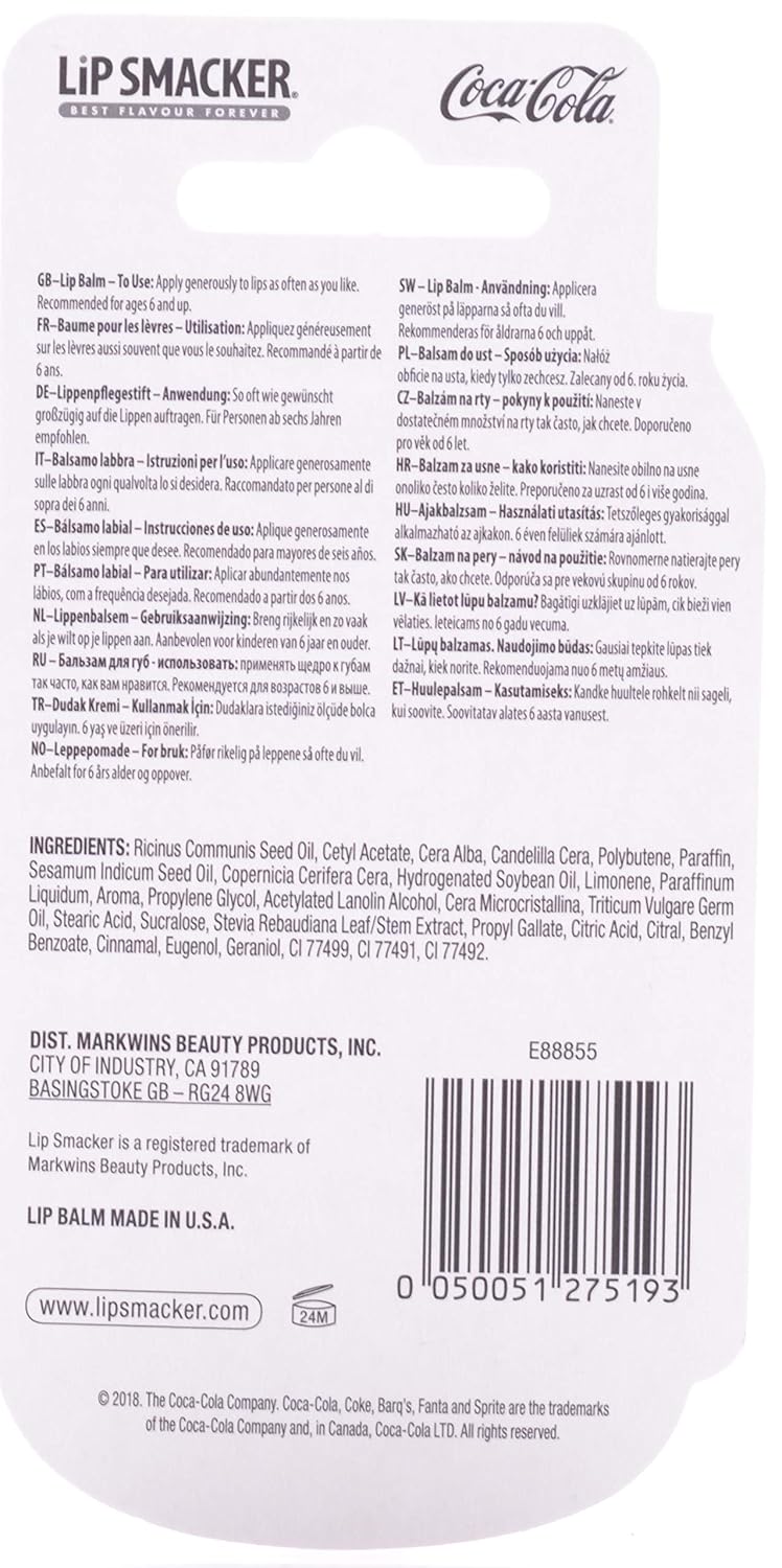Back of the Lip Smacker Coca Cola Classic Lip Balm packaging, displaying ingredients and usage instructions in multiple languages.