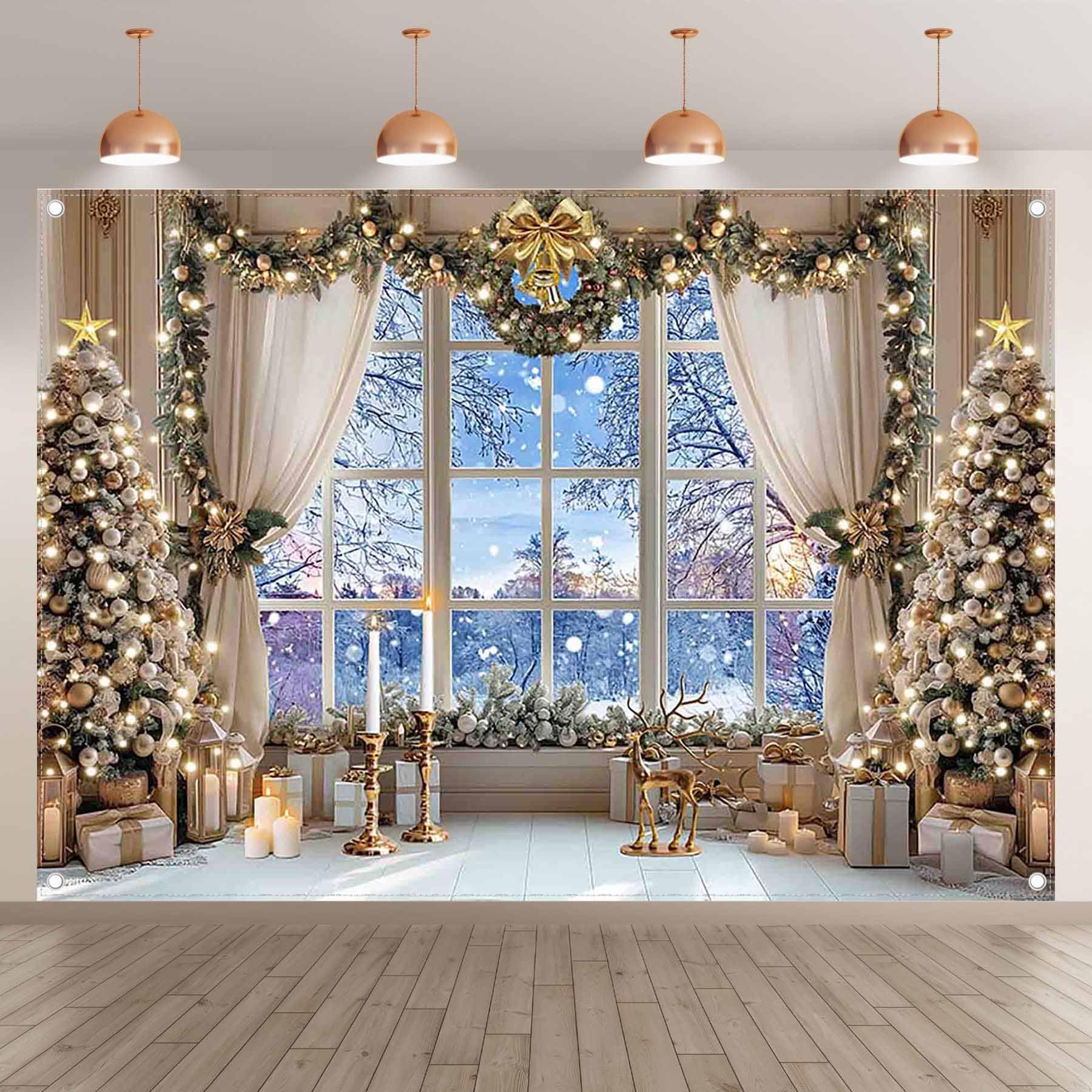 Luminora 3 x 2,4 m Scène de Neige d'hiver Toile de Fond | Tissu en polyester, Blanche Arbre de Noël Cerf de Noël Décorations d'anniversaire de Vacances Bannière Photo de fête