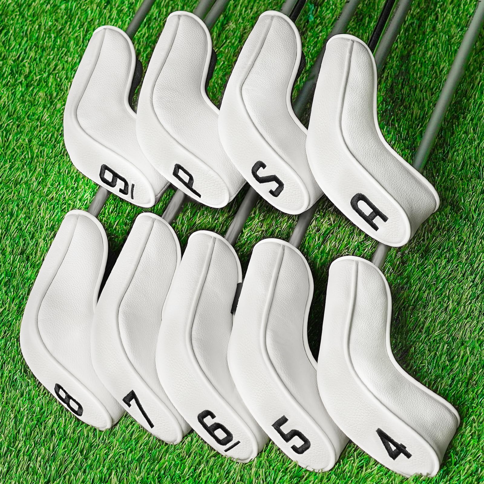 Golf Hybrid Iron Head Covers Right&Left Handed Clubs Headcovers 9Pcs (4-9,P,A,S) Long Neck fit for Cleveland Launcher Set,Cobra T-Rail,Wilson Lauch Pad Black/White PU Leather