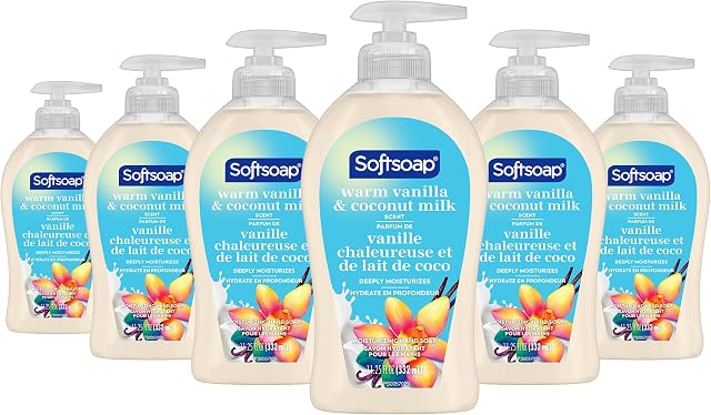 Softsoap Savon à main chaud de vanille en noix de coco - Savon liquide hydratant, 6-Pack, 332mL Chaque, Pompe rechargeable, Formule Hydratante pour Soft, Mains lisses, Savon à main