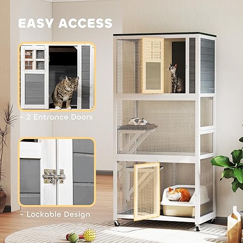 Miniatura 6 de PawHut Catio - Casa de madera para gatos al aire libre de 74 pulgadas resistente a la intemperie y con ruedas recinto para gatos al aire libre con