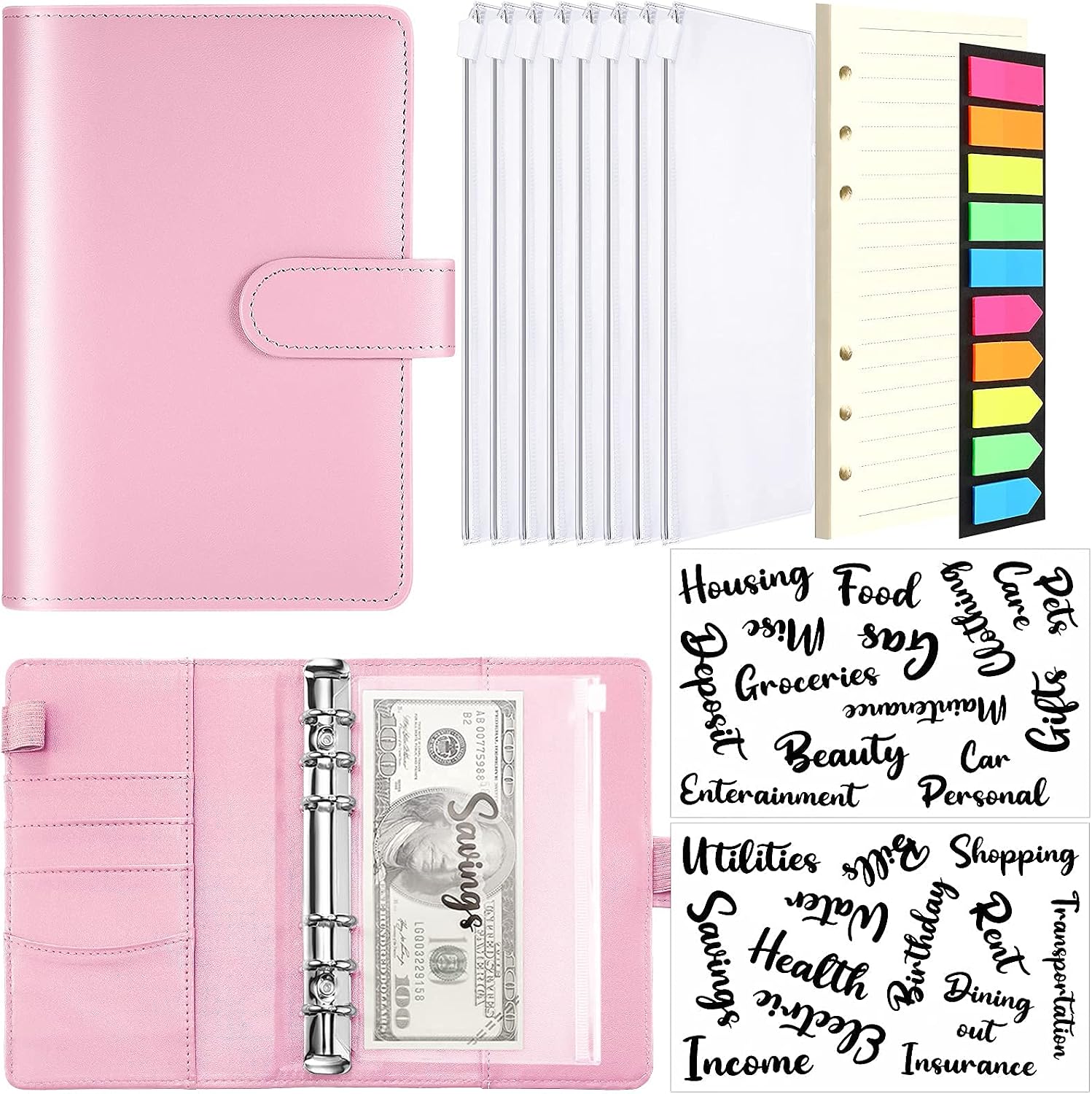 Zonon A6 PU Leather Notebook Binder Cash Budget Planner Organizer 6 Ring Saving Binder Cover Envelopes 26 Categories Letter Sticker Label 8 Binder Pocket Loose Leaf Paper Neon Page Maker (Pink)