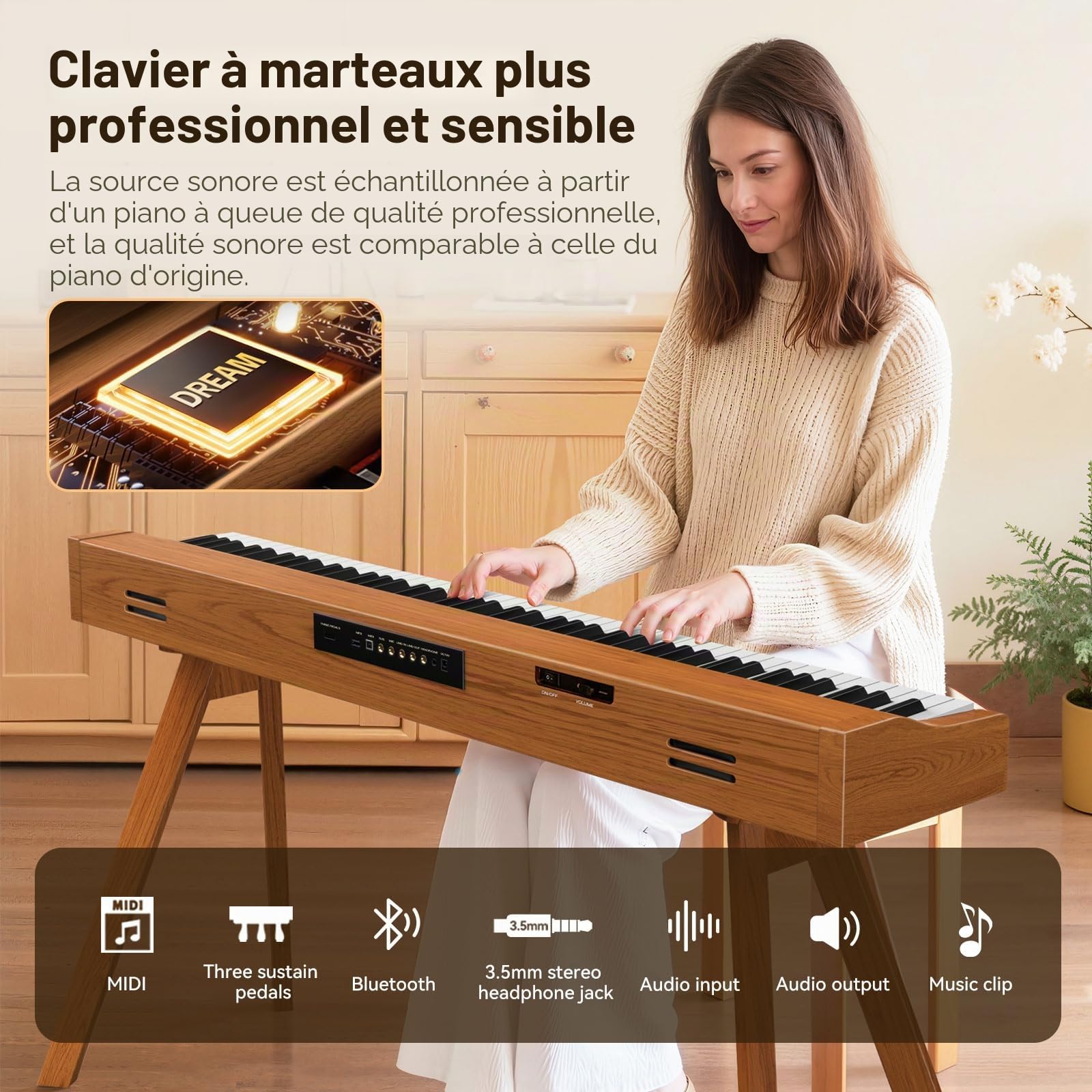 TERENCE P37 Piano Électrique 88 Touches Mécanique de Marteau Piano Numérique Professionnel Piano Numérique à Mécanisme de Marteau 88 Touches Haut-parleur 20W avec Trois Pédales et Support USB-MIDI et