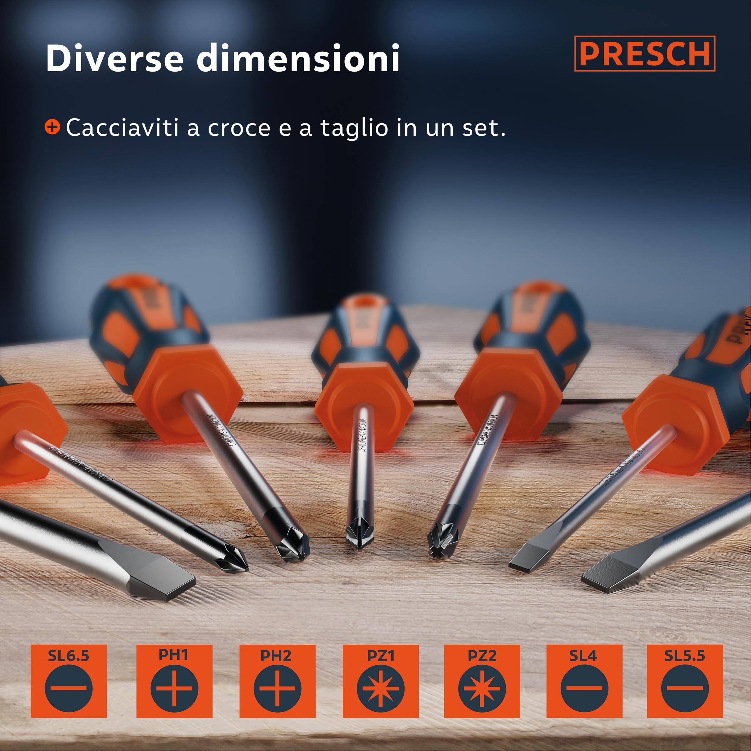 Presch set di 7 cacciaviti - Set di cacciaviti magnetici a taglio e croce - Attrezzi professionali