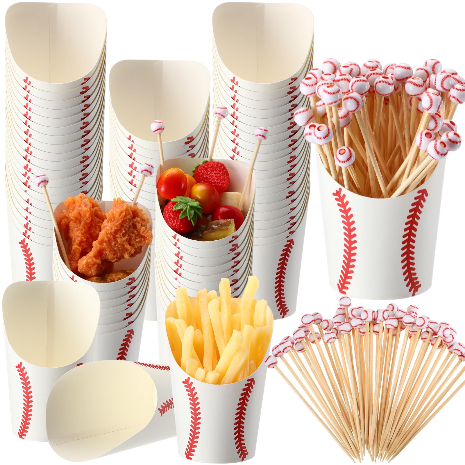 Jingmore 50 Pcs Baseball Charcuterie Cups with 100 Bamboo Cocktail Picks, 12 oz Disposable Cardboard Snack Dessert Appetizer French Fry Cups for Baseball Birthday Party Supplies Decoration