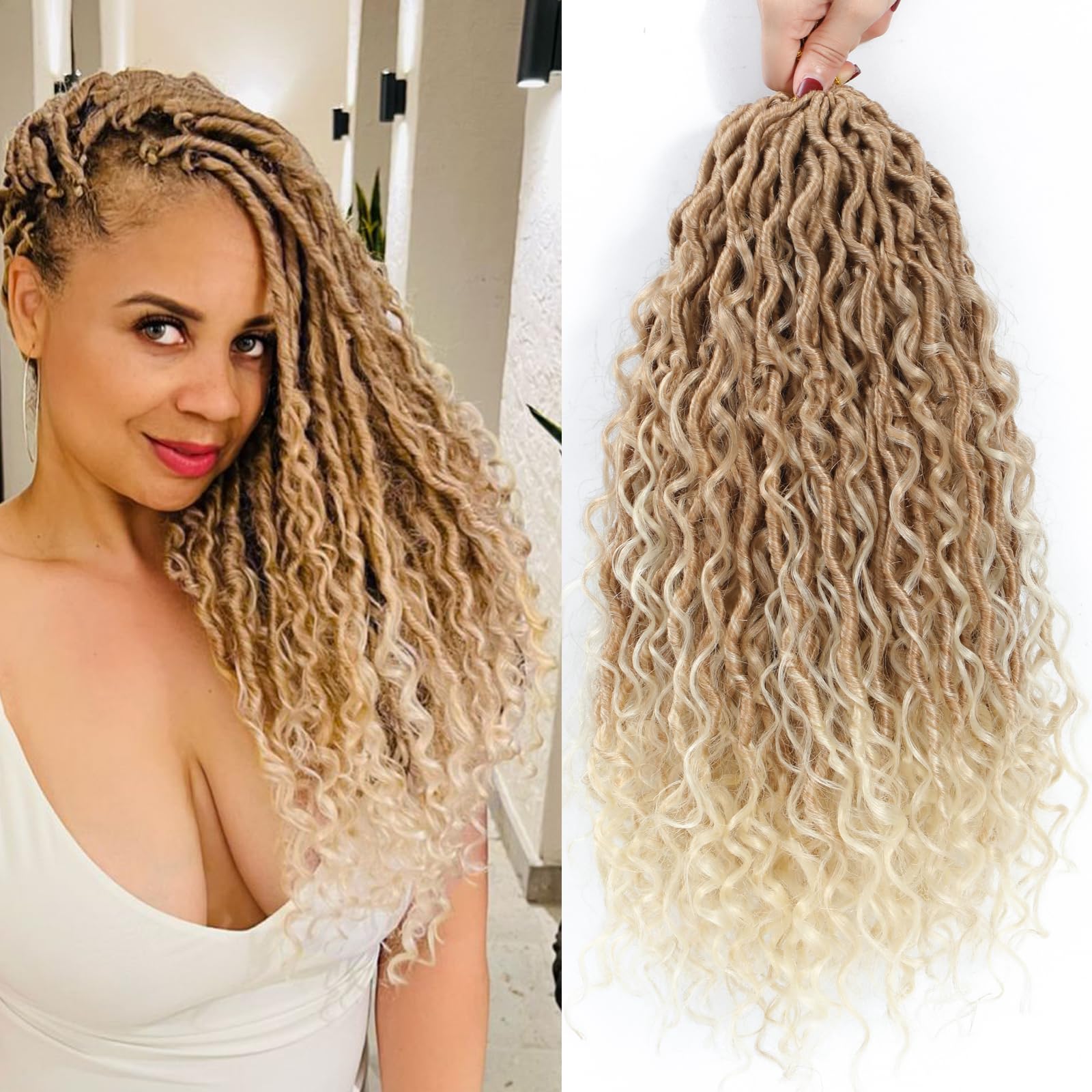 Molleas Goddess Locs 14inch, 9 Packs Faux Locs for Black Women, Pre-Looped Boho Crochet Hair With Curl Ends (14inch, Pack of 9, 27/613)