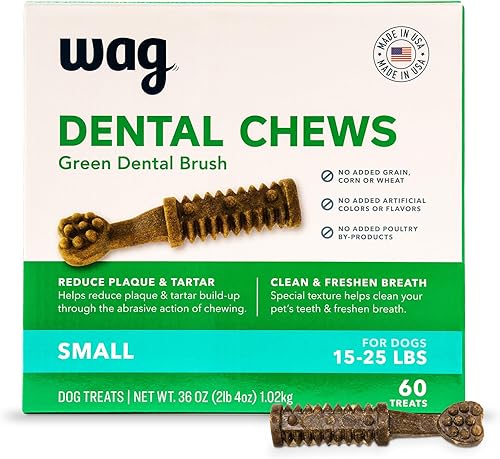 Marca Amazon – Wag Golosinas Dentales para Perros para ayudar a limpiar los dientes y refrescar el aliento, pequeñas, sin sabor, 2.25 libras, 60