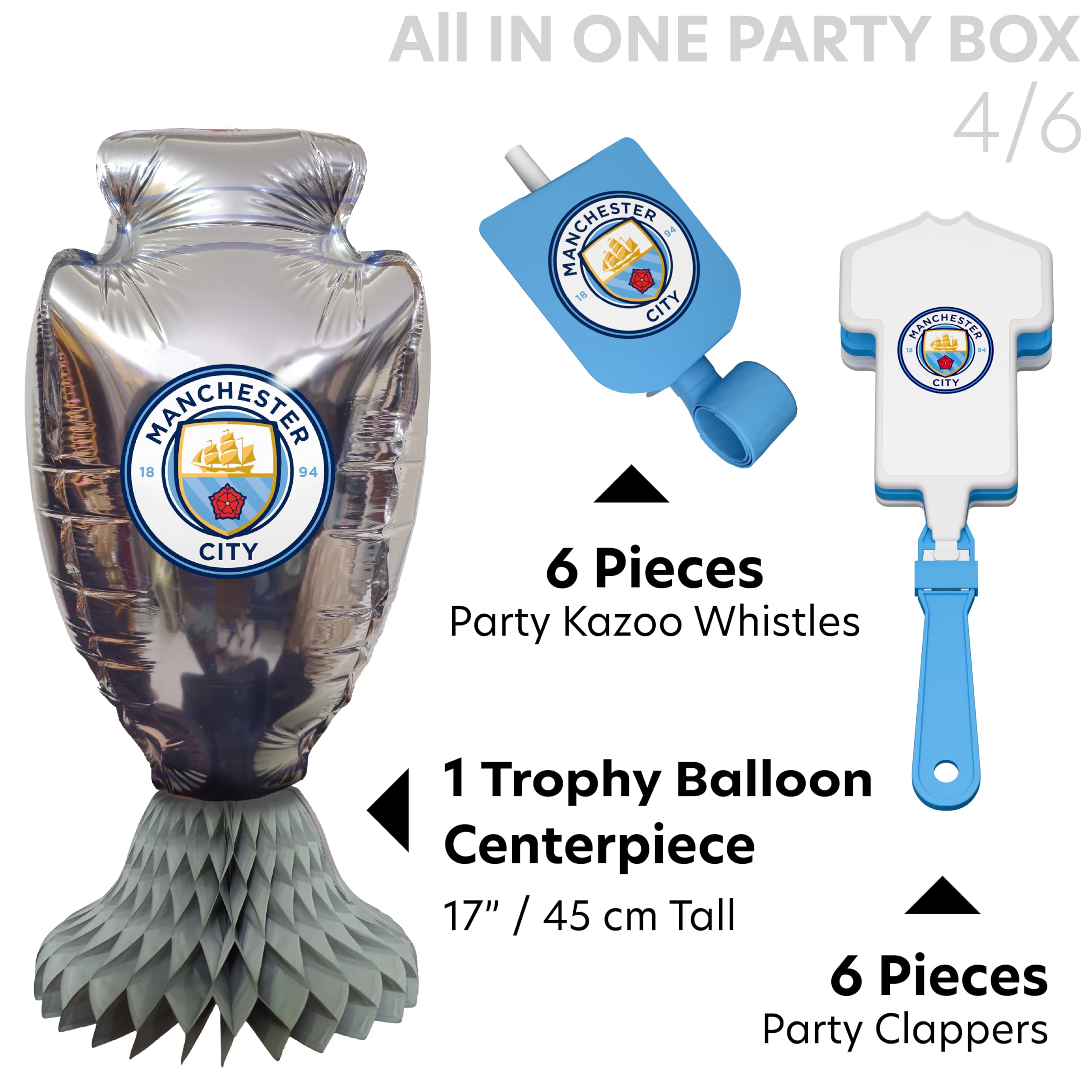 77 szt. ALL-IN-ONE ManCity FC Matchday Party Box dla 6 gości jednorazowa zastawa stołowa, z kulteriami, dekoracjami, balonami foliowymi z dżerseju, upominki na przyjęcie i bezpieczne dla żywności