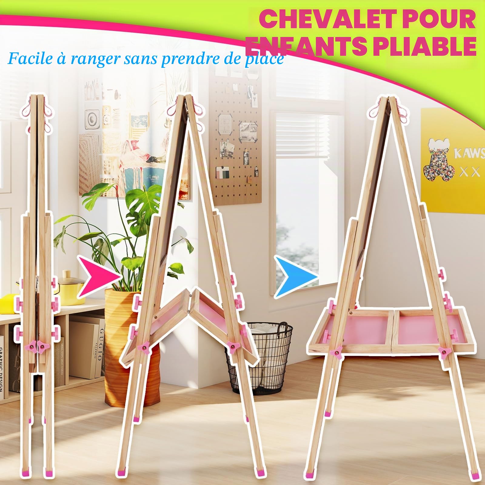 Chevalet Peinture Enfant,3 en 1 Tableau de Dessin Double Faces en Bois Pliable,Chevalet d'art Réglable en Hauteur avec Rouleau de Papier et Autres Accessoires,Tableau Chevalet Enfant 3+ Ans,Rose