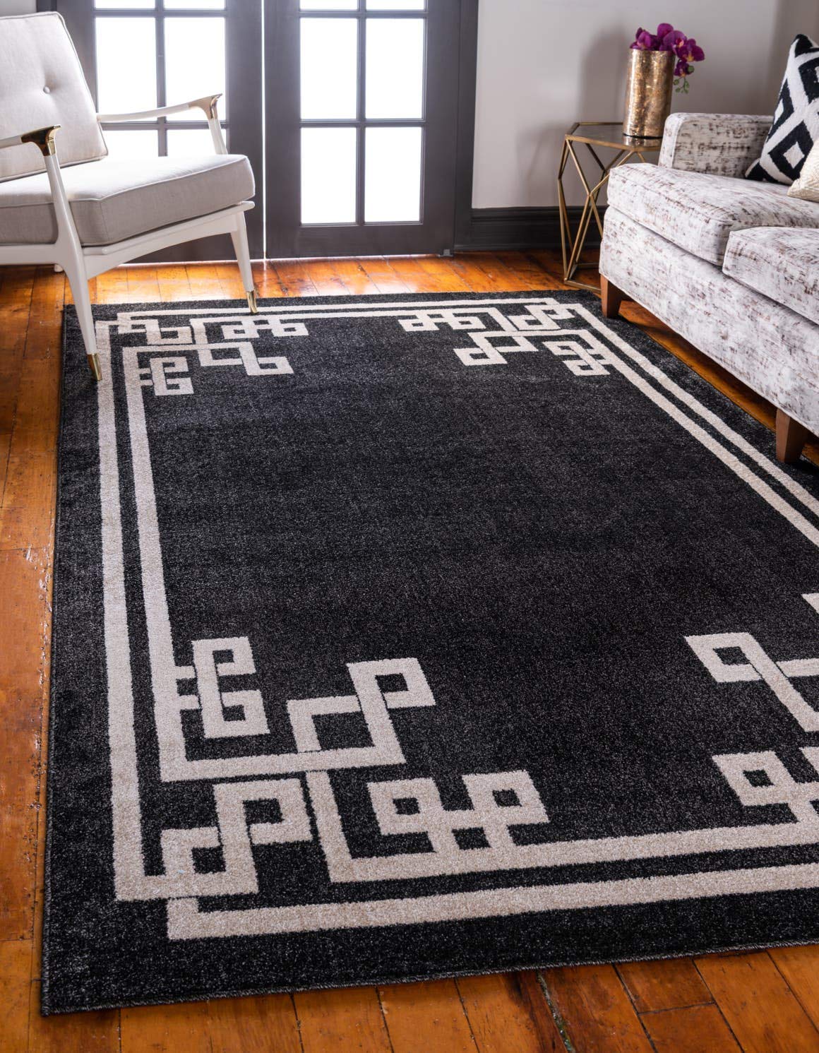 Unique Loom Athens Collection Classic Geometric Tribal Modern Border Design Area Rug (7' 0 x 10' 0 Rectangular, Black/ Beige)