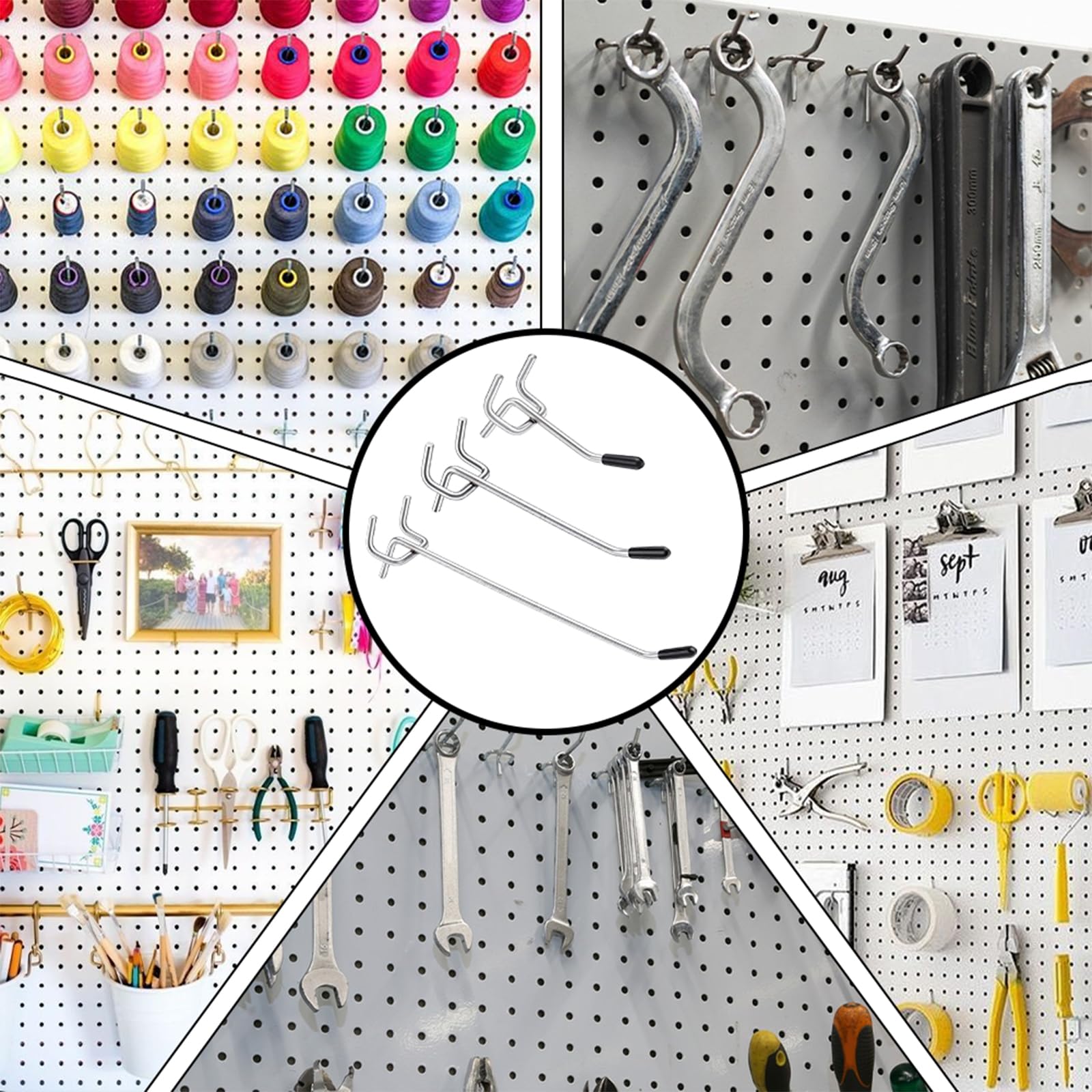 Ganchos para panel perforado (150 unidades, 5/10/15 cm, con protección, panel perforado para herramientas de pared, cartelera para tienda minorista o garaje