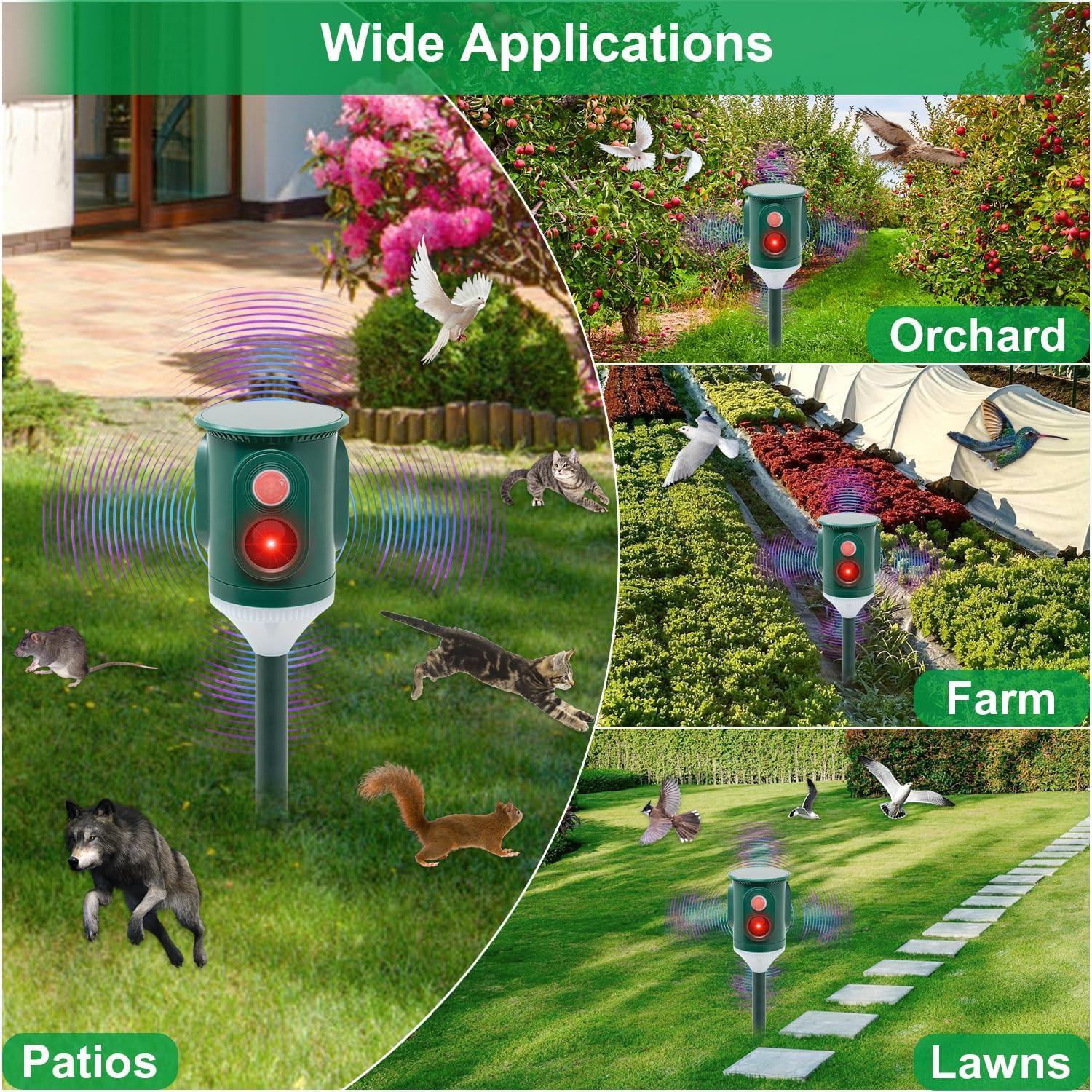 2X Solar-Ultraschall-Tiervertreiber 360° mit Blitzlicht, bewegungsaktiviert,wasserdichter Gartenschutz gegen Katzen,Hunde,Eichhörnchen,Waschbären,Stinktiere,Kaninchen und Kojoten
