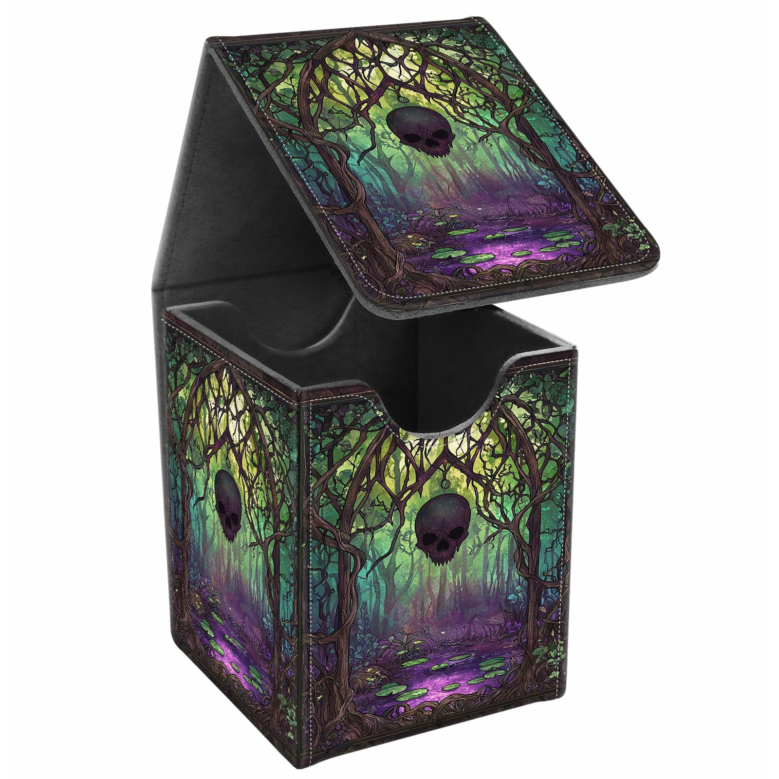 Card Deck Box, Card Storage Box Fits 100+ Single Sleeved Cards, Large Capacity PU Leather Card Storage Box with Strong Magnet for Magic Commander TCG/CCG, Skull Swamp