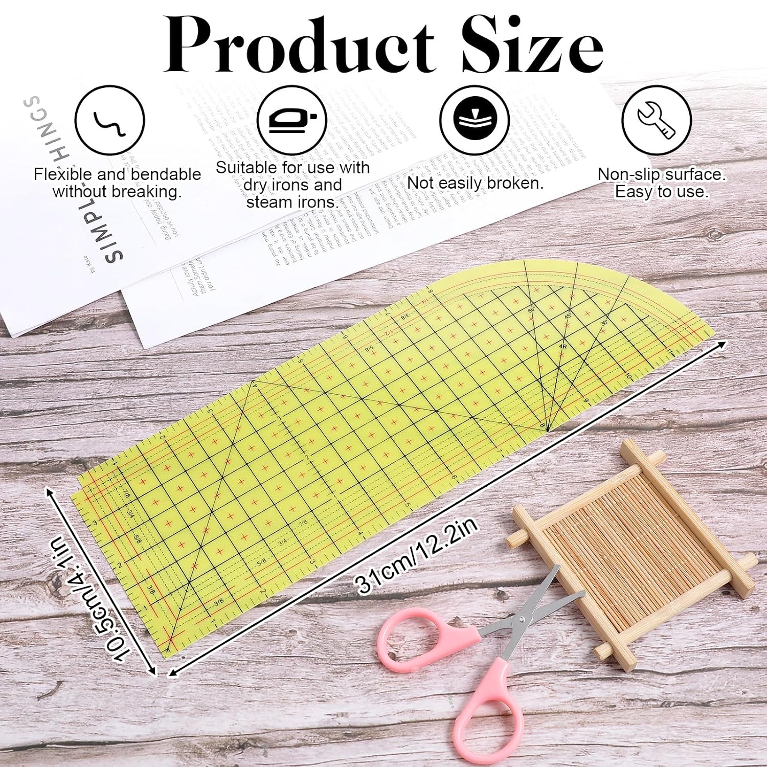 Heat Resistant Sewing Ruler, Curved Hot Ironing Ruler for Sewing 12 X 4 Inch Hot Hem Rulers for Electric Iron Home Work Rulers and Guides for Fabric Hemming Tools Press Measuring Quilting Folding