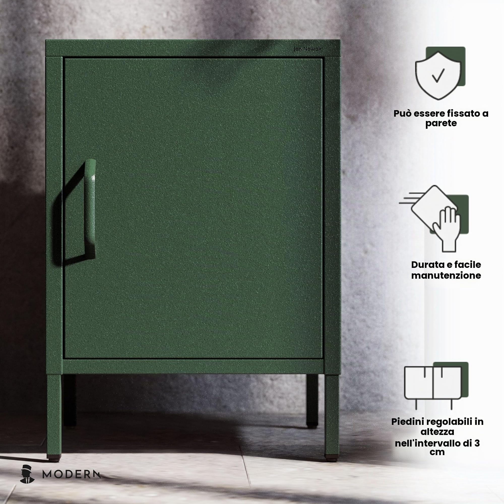 Jan Nowak Comodino Camera da Letto in Metallo - MIA | Comodino Piccolo Scintillante con 1 Ripiano Regolabile | Armadietto Moderno, Stile Industriale | 42,4 x 59,5 x 40 cm | Verde Scuro