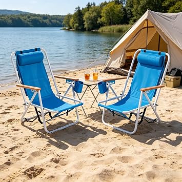 Folding Beach Chair, Backpack Beach Chairs 4-Position for Adults, Large Storage Pocket on the Back, with Pillow and Wooden Armrests, Support to 330 lbs for Camping, Steel, 2pcs, Ocean Blue