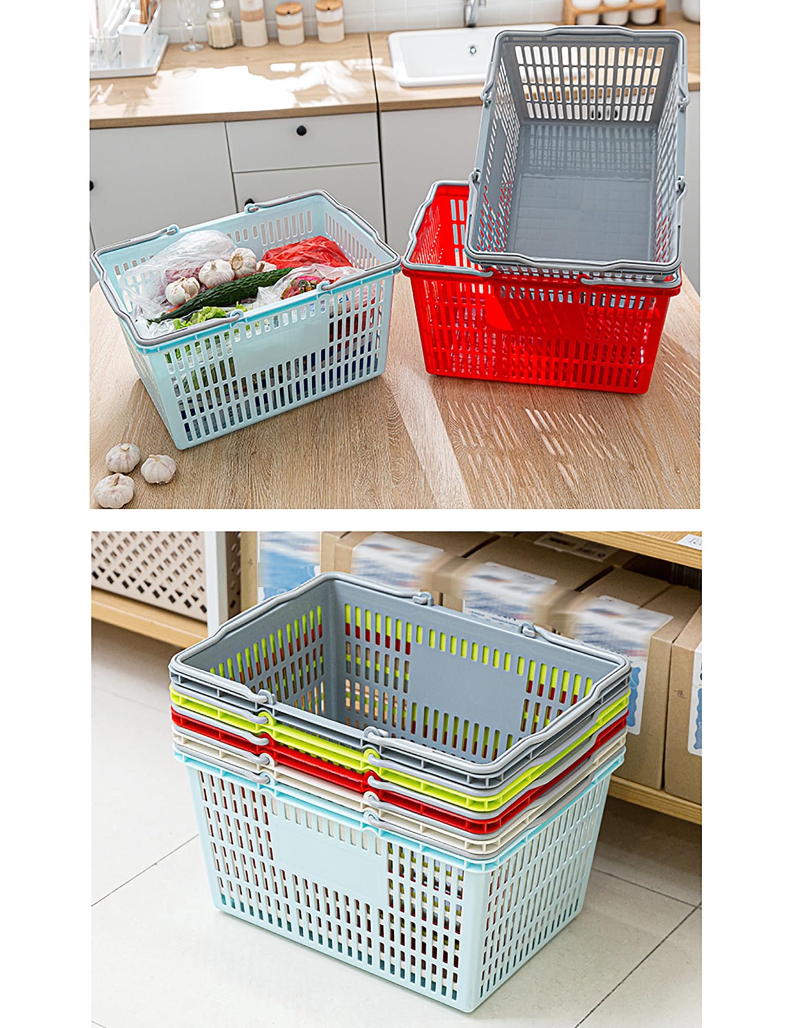Cestini pieghevoli in plastica con manici, confezione da 8 contenitori resistenti per generi alimentari, lavanderia, picnic e organizzazione della casa