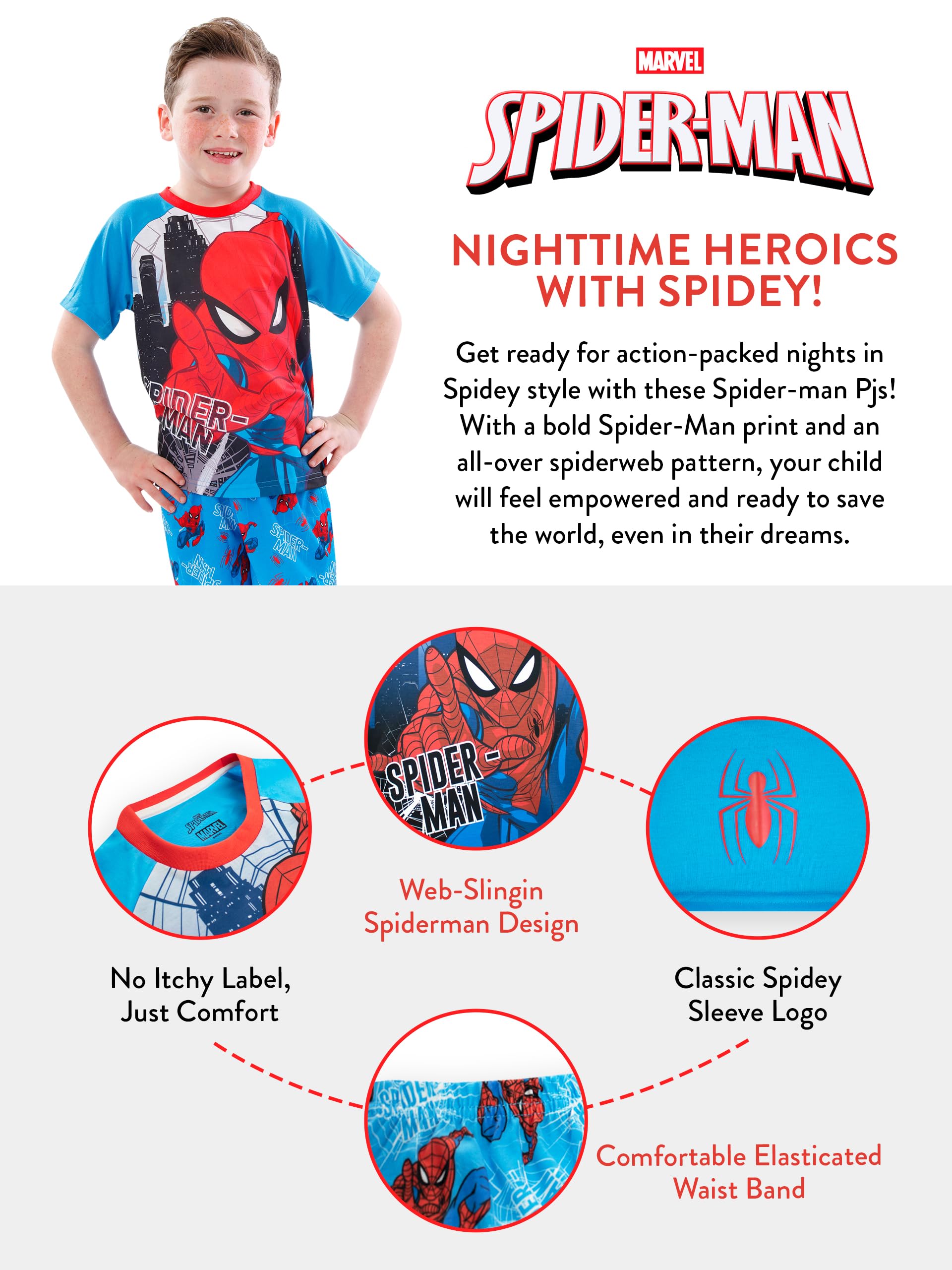 Marvel Pijama Spiderman para niños | Pijama Corto de Spider-Man para niños | Tallas de 2 a 12 años | Merchandising Oficial de Spiderman