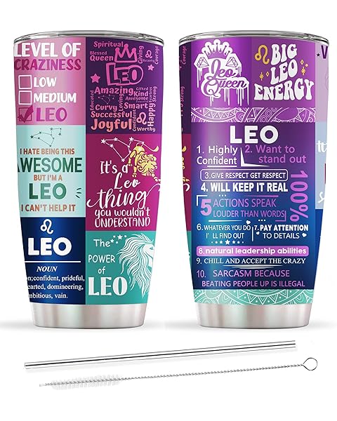 Leo Gifts for Women,Leo Birthday Gifts, Astrology Gothic Witchy Constellation Insulated Tumbler With Lid Straw Purple Coffee Mug 20 OZ
