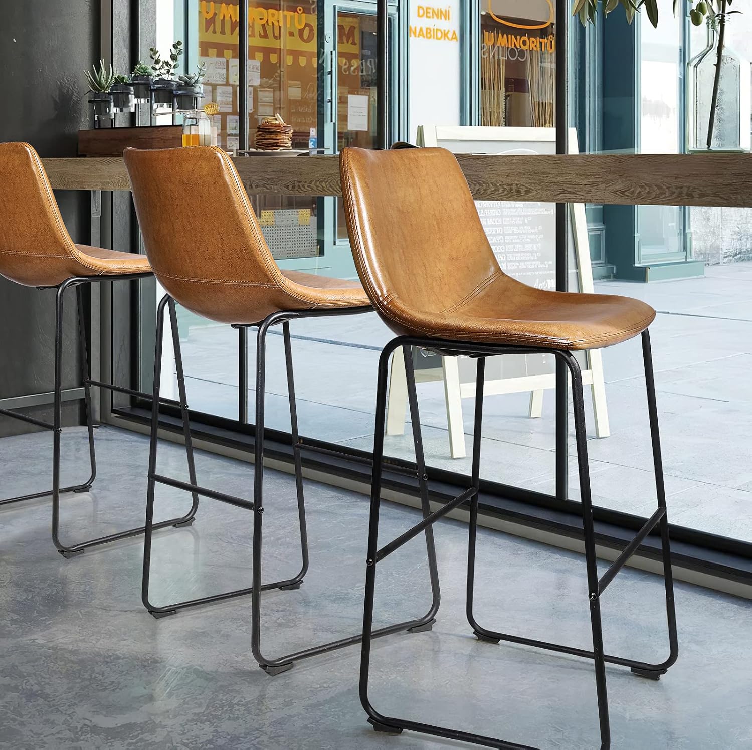 LEMBERI 26 inch Bar Stools Set of 3, Modern Counter Height Bar Stools, Faux Leather Barstool with Back and Metal Leg, Armless Bar Chairs for Kitchen Island (Whisky, 3pcs 26")