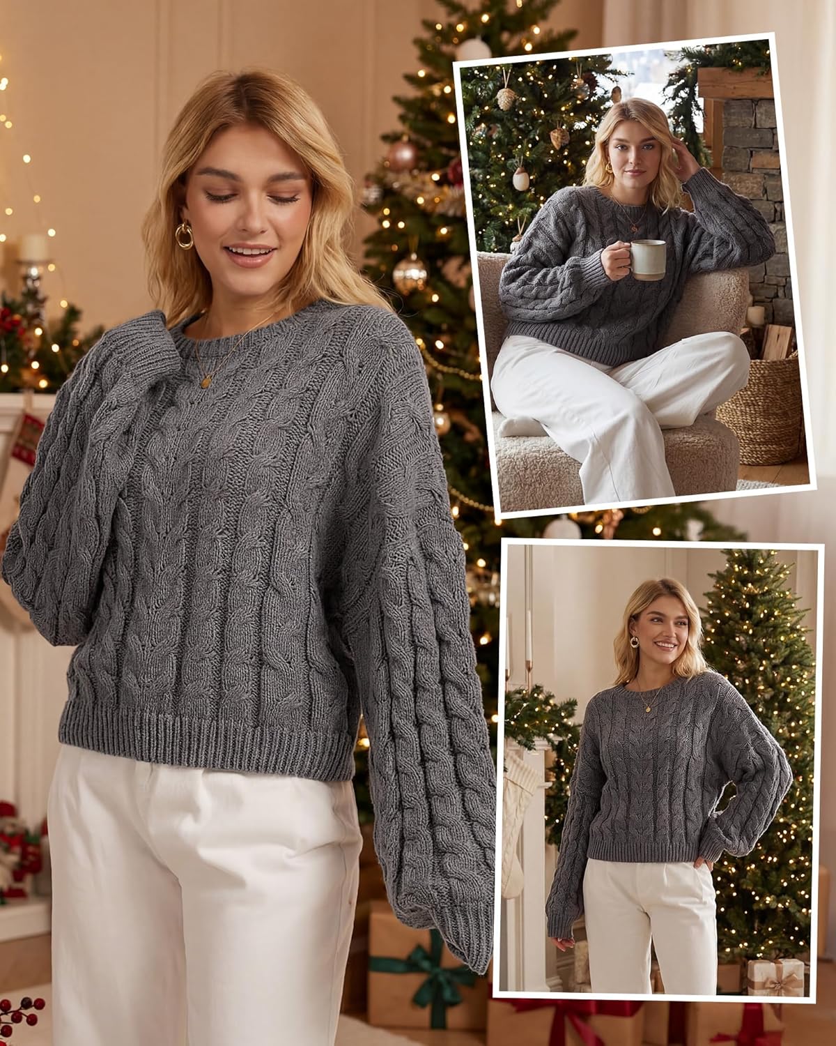 Women Oversized Cable Knit Sweater 2025 Long Sleeve Chunky Sweater Crewneck Loose Fit Pullover Fall Winter Outfit - Image 5