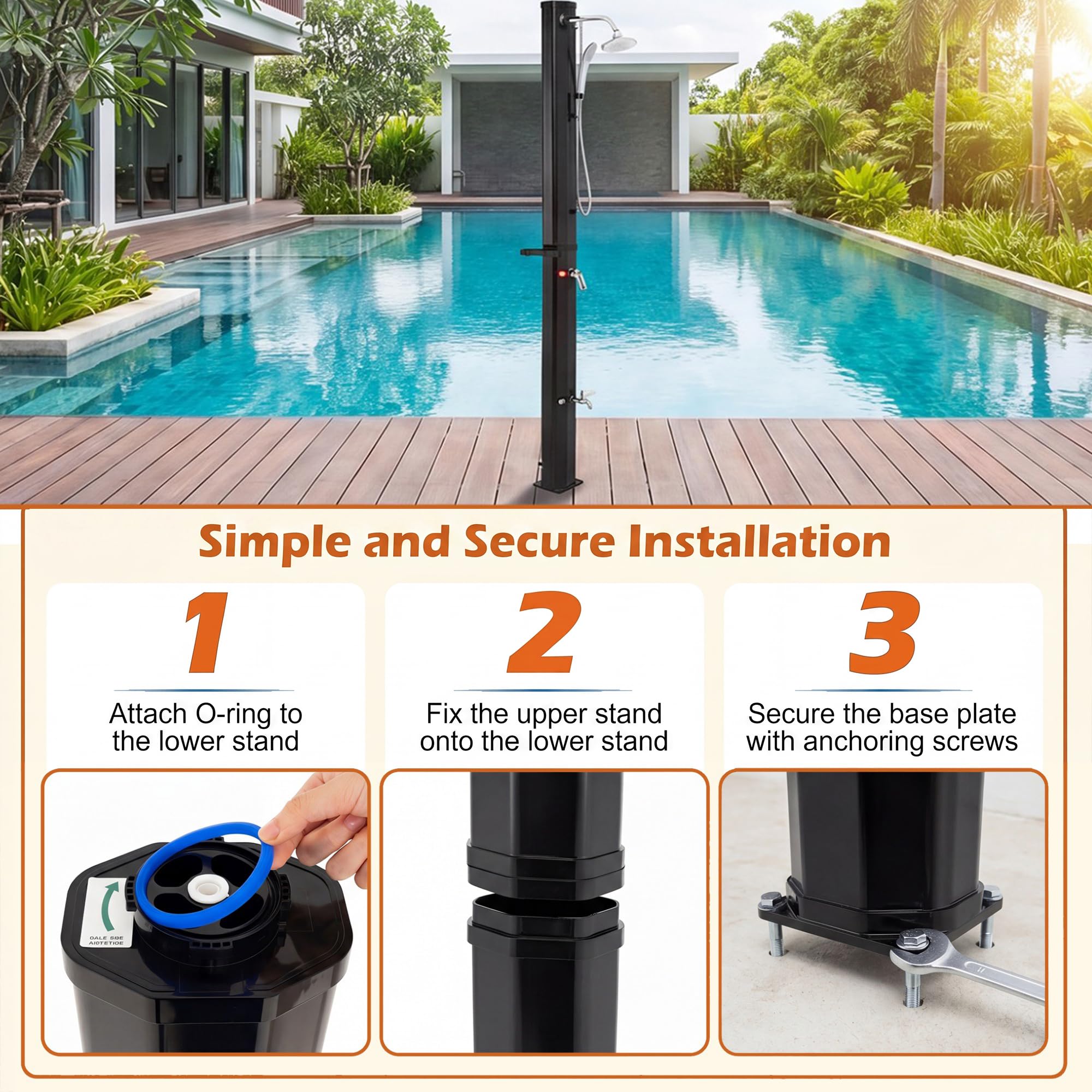 HOMASIS Solardusche 35L, Gartendusche mit 360° drehbarer Duschkopf, Handbrause & Fußdusche, Pooldusche mit Abdeckhaube, Campingdusche, Außendusche bis 60°C, für Strand, Garten, Pool & Camping