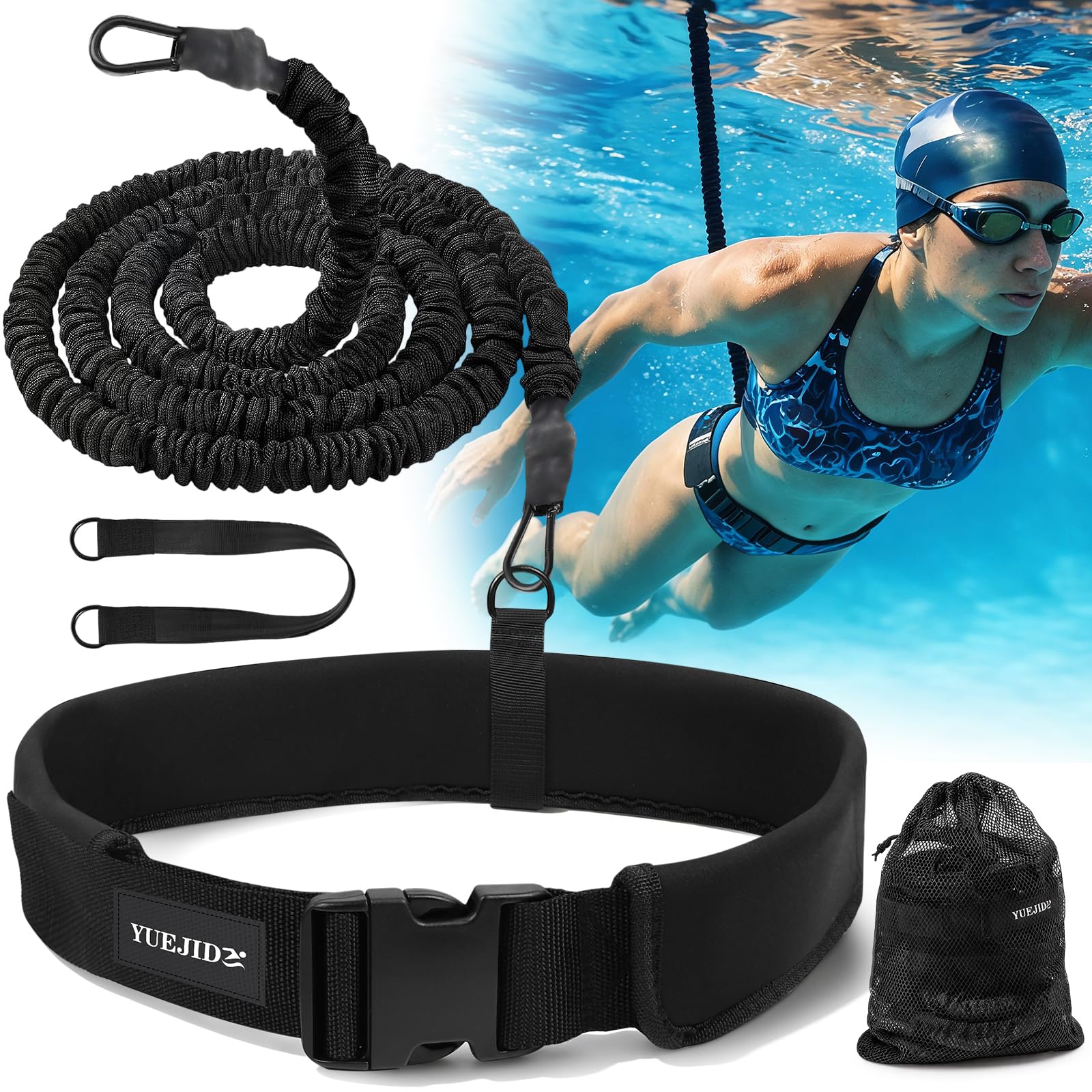 Schwimmgurt Pool für Erwachsene & Kinder, Schwimmhilfe mit 4-7,5 M Elastischen Gummibändern,Schwimmtrainer Gürtel für Jedes Schwimmbad Ohne Gegenstromanlage, Einstellbare Schwimmleine