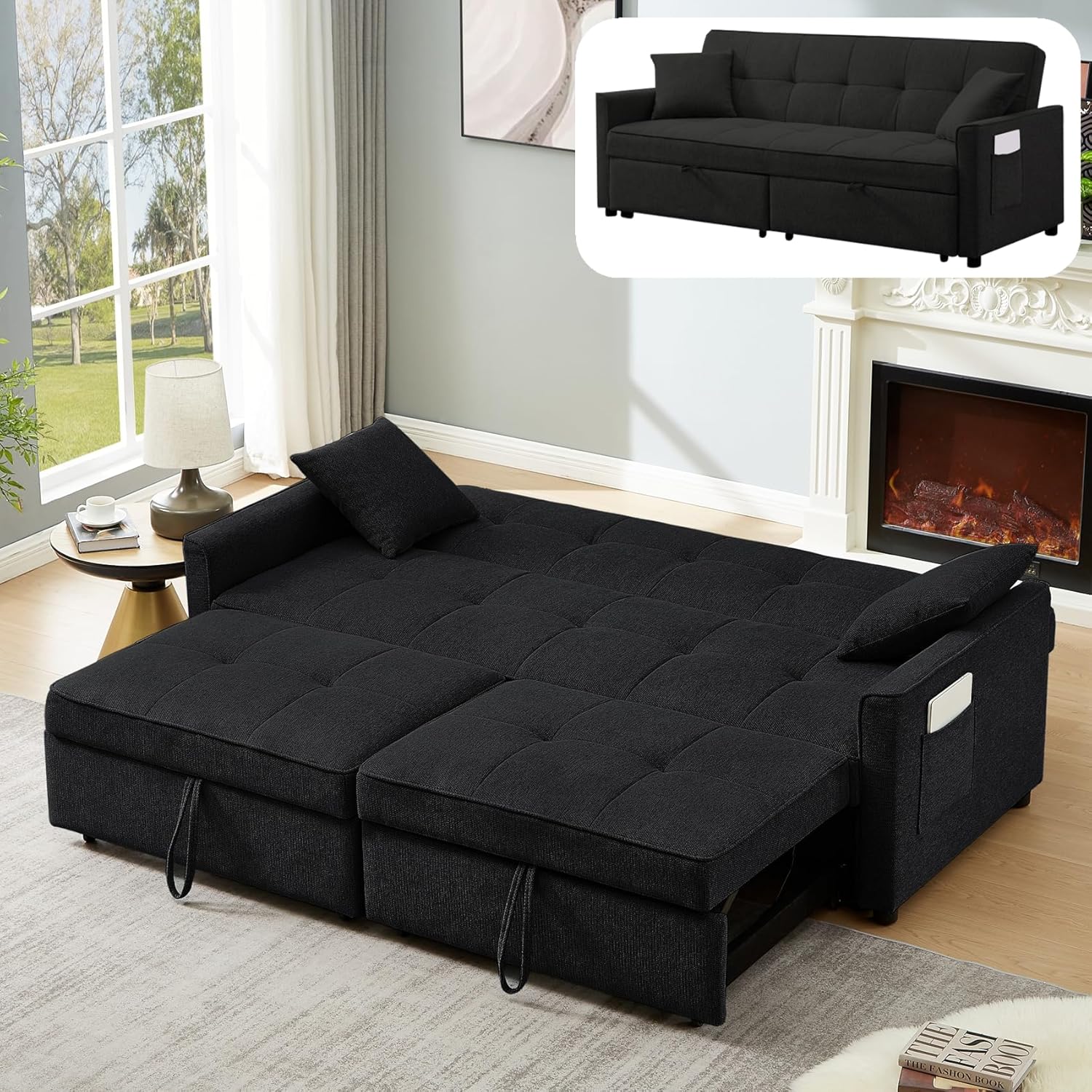 King Size Pull Out Sofa Bed, 4-in-1 Convertible Sofa Bed Couch, Chenille 3 Seaters Sofa Sleeper with Dual Pull Out Bed & Adjustable Backrest for Living Room, Black
