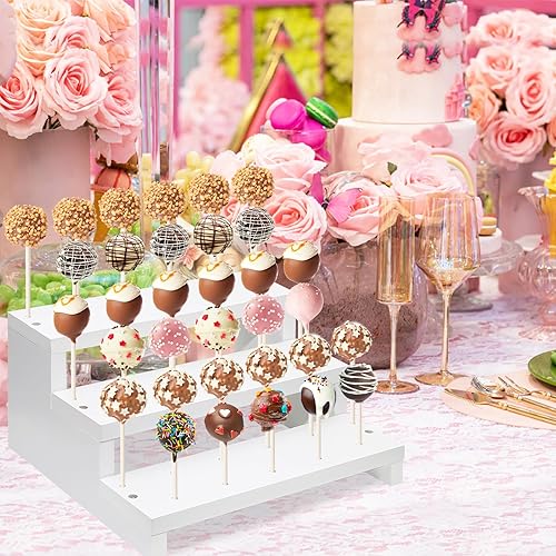 Miniatura 12 de 2 soportes de madera para tartas, soporte para paletas blancas de 3 niveles con lazos giratorios, palitos de piruleta, 17 agujeros para mesa