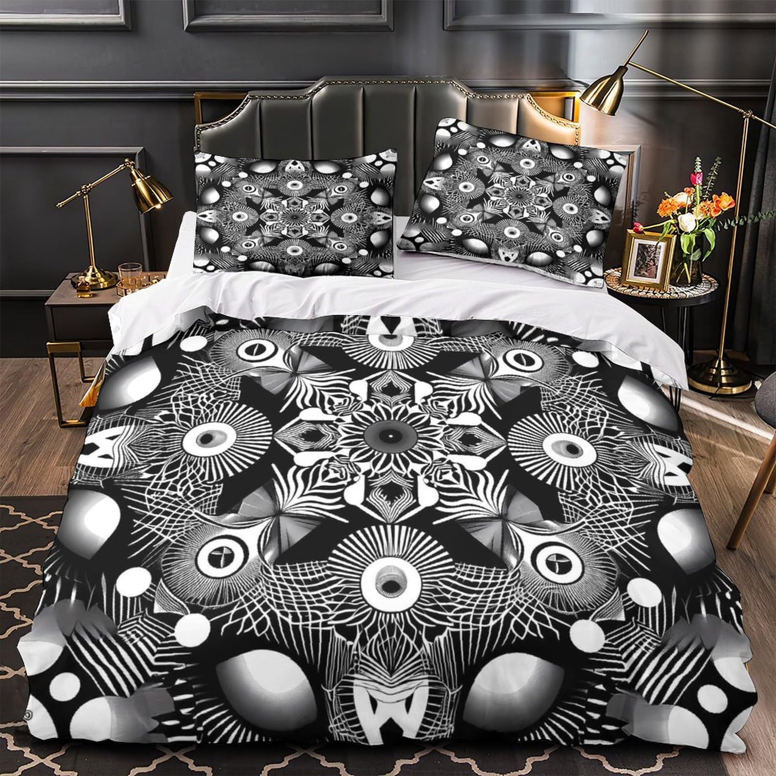 Housse de Couette Super King 260x220cm Motif Abstrait 3D Noir et Blanc