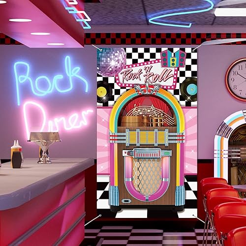 Miniatura 4 de Nuenen Decoración de fiesta de calcetín de los años 50, decoración de fiesta de jukebox, telón de fondo de tela, cubierta de puerta de rock and roll