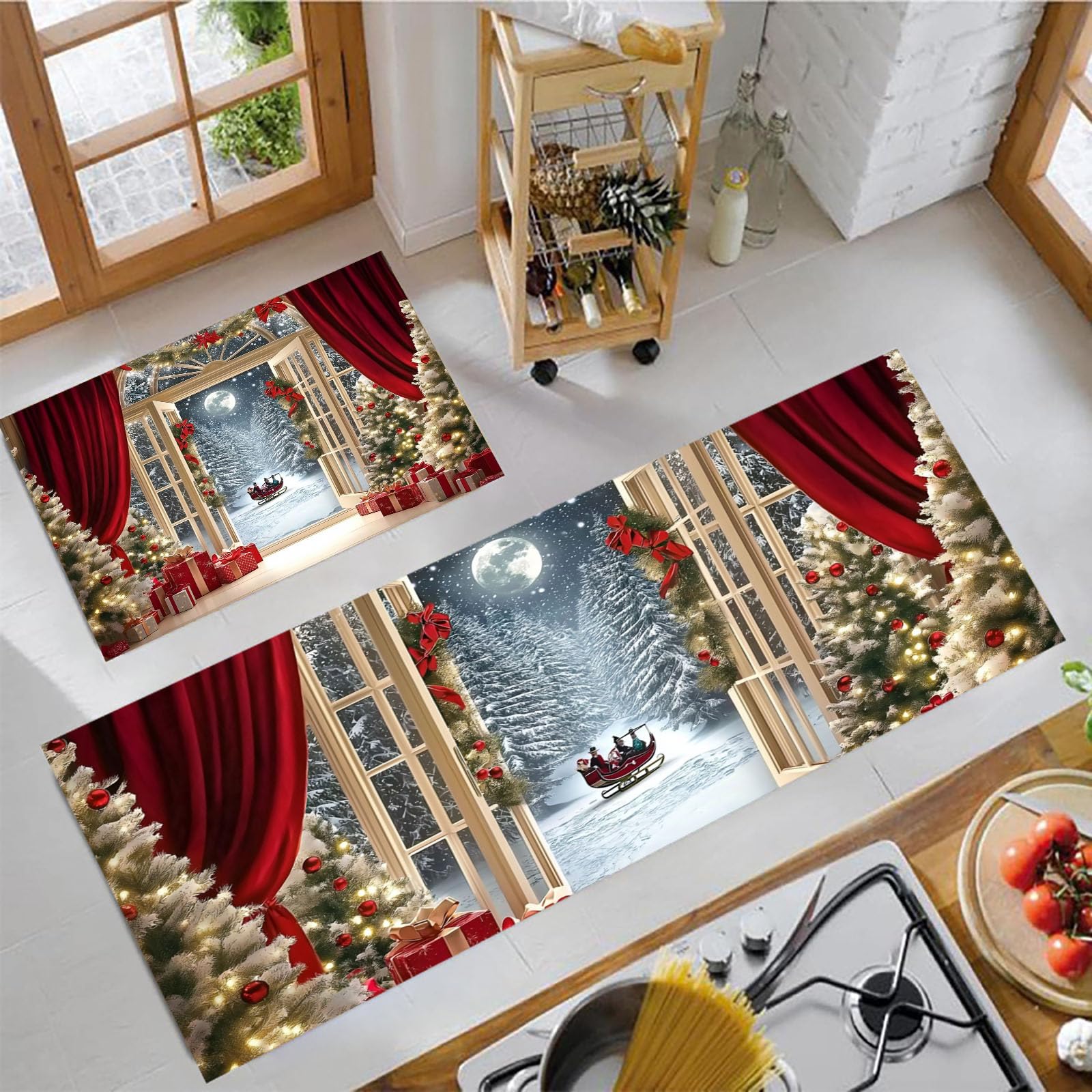Tapis de cuisine 2 pièces de Noël antidérapants et lavables de dimensions 43x75 cm et 43x150 cm