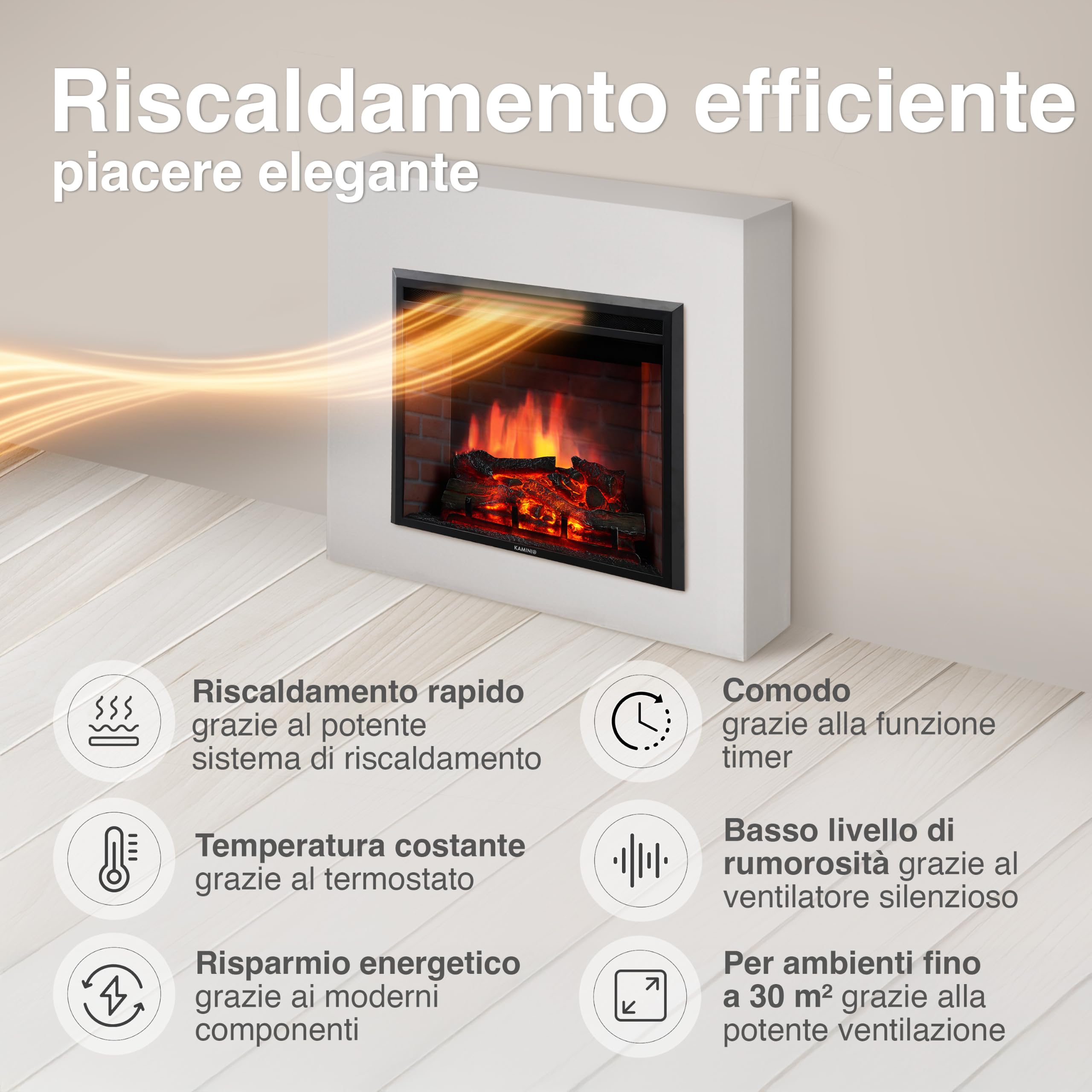 KAMINIO Camino elettrico LUCA - Camino elettrico a incasso con riscaldamento, effetto fiamma 3D, 12 colori di fiamma, telecomando (30 pollici)
