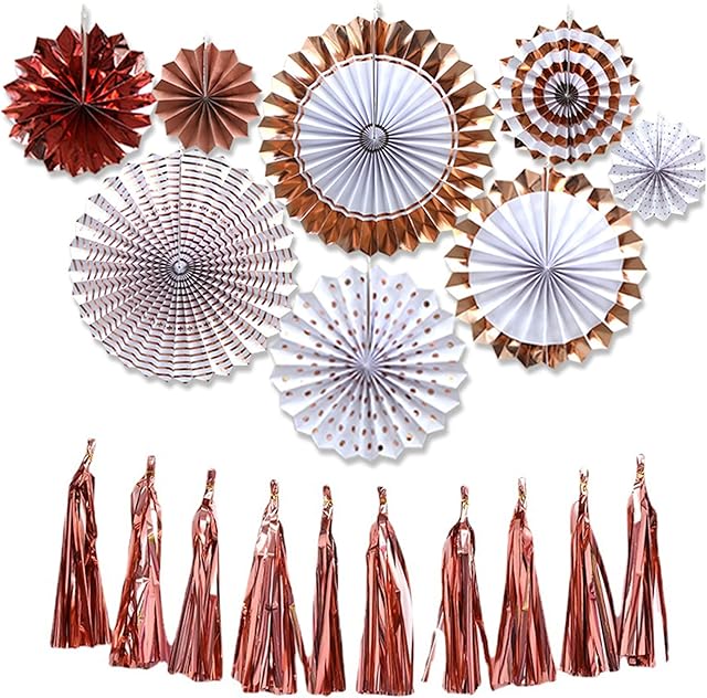 Topways Hanging Paper Fans Decorations Kit, Round Pattern Paper Garlands Decoration and Metallic Tinsel Foil Fringe Curtains for Birthday Christmas Party Decorations 18pcs (Rose Gold)