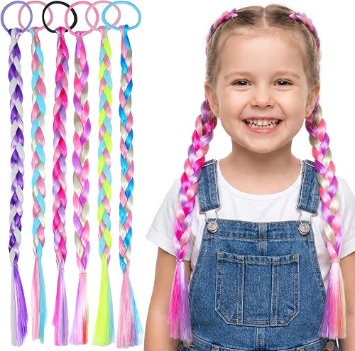 6-Pack Rainbow Hair Extension Braids, Synthetic Fiber Braids, Elastic Tie-On Ponytail Accessories, Vibrant Rainbow Tones, 38.5cm Length, Quick Easy Hairpieces for Parties Daily Wear Gifts