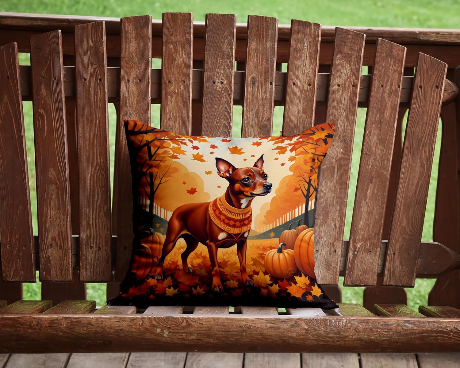 Caroline's Treasures DAC1058PW1414 Red Miniature Pinscher Fall Fabric Decorative Pillow Machine Washable, Indoor Outdoor Decorative Pillow for Couch, Bed or Patio, 14Hx14W