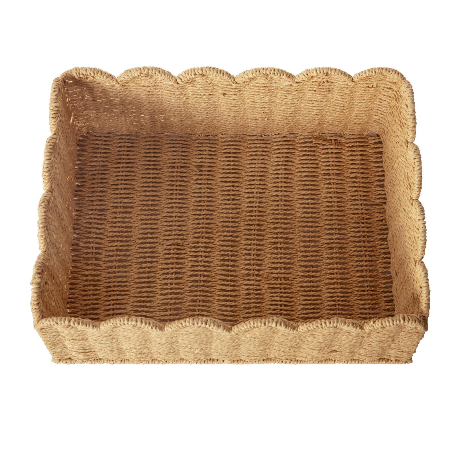 Cesta de mimbre con borde festoneado, cestas de almacenamiento tejidas a mano para estantes, cestas naturales para organizar (M-14 pulgadas de largo x 10.5 pulgadas de ancho x 6 pulgadas de alto)