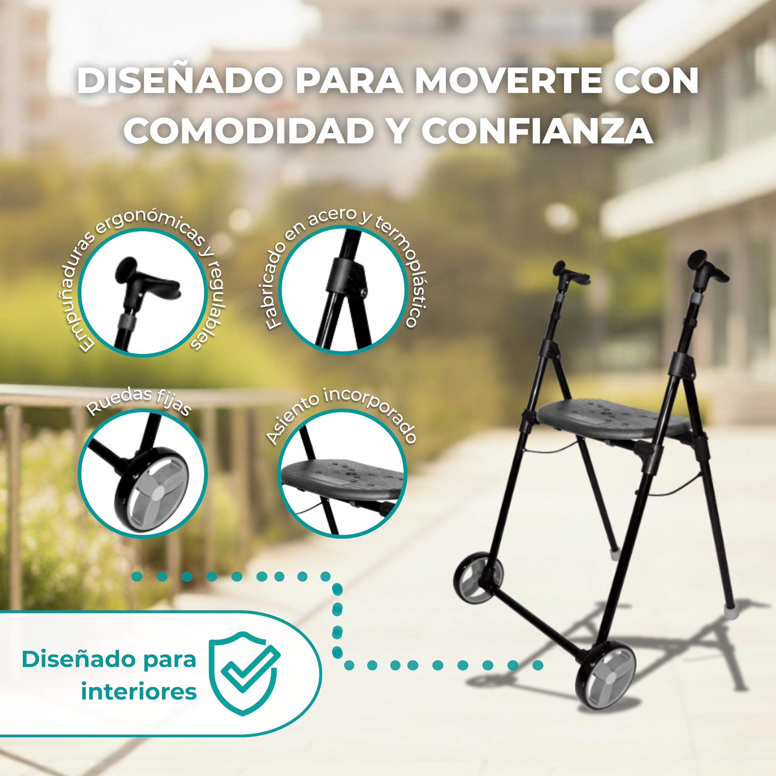 Forta Air On - Andador para Uso en Interiores, Plegable y Ligero - Regulable en Altura, Capacidad de Carga hasta 110 Kg - Fácil de Plegar, con Ruedas Fijas (Negro)