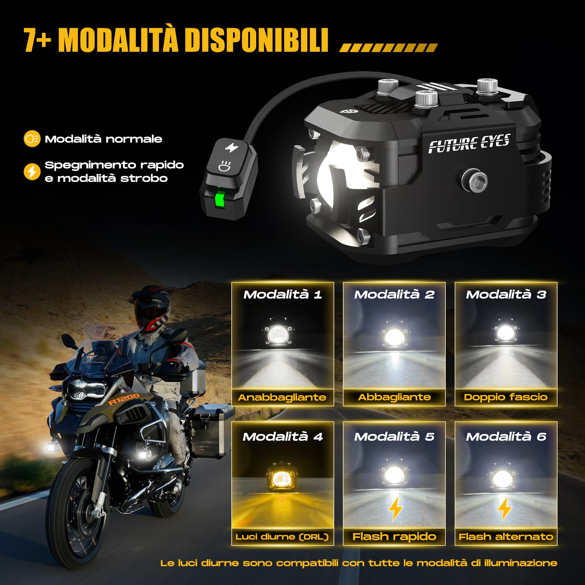 Future Eyes Fari Fendinebbia Moto LED, Luci Ausiliarie Regolabili a 360°, Impermeabili IP67, Luci Fuoristrada per Guida Notturna, Abbaglianti e Anabbaglianti Ambra/Bianco, Compatibili con ATV e UTV