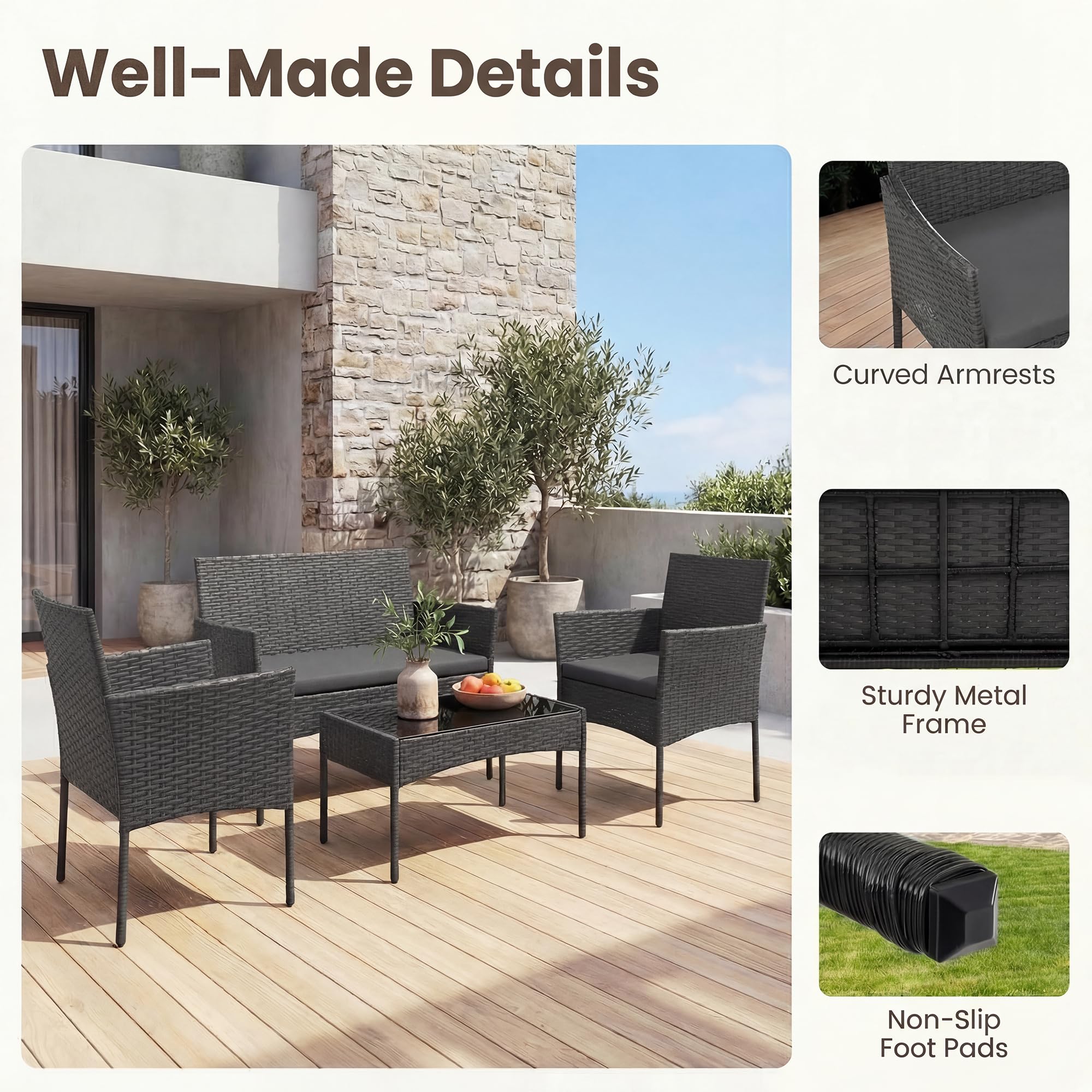 Set da Giardino in Rattan 4 Pezzi con Tavolino in Vetro, Divano e Poltrone, Grigio