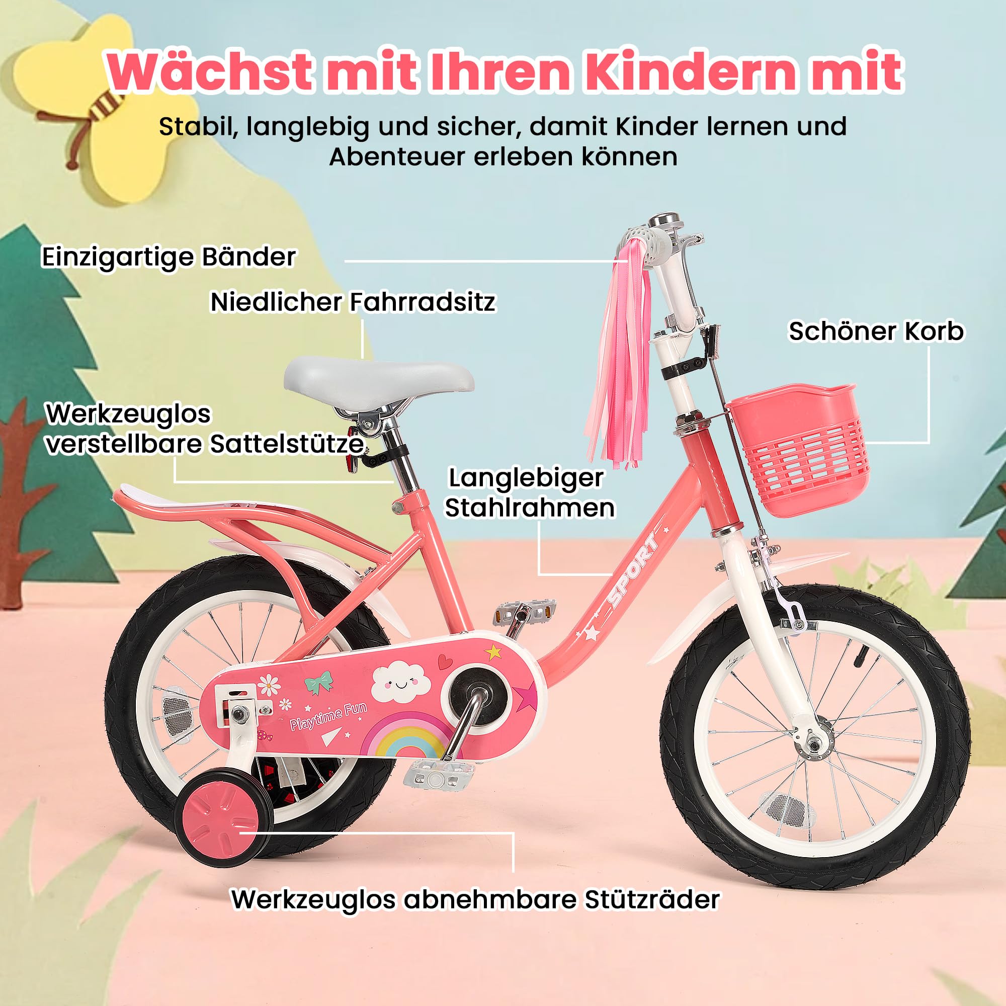 BODIOO Kinderfahrrad 12/14 Zoll Fahrrad für Mädchenmit und Jungen Stützrädern & verstellbarem Sattelfür Spielrad mit Korb & Klingel Fahrer von 94 bis 107 cm-Rosa