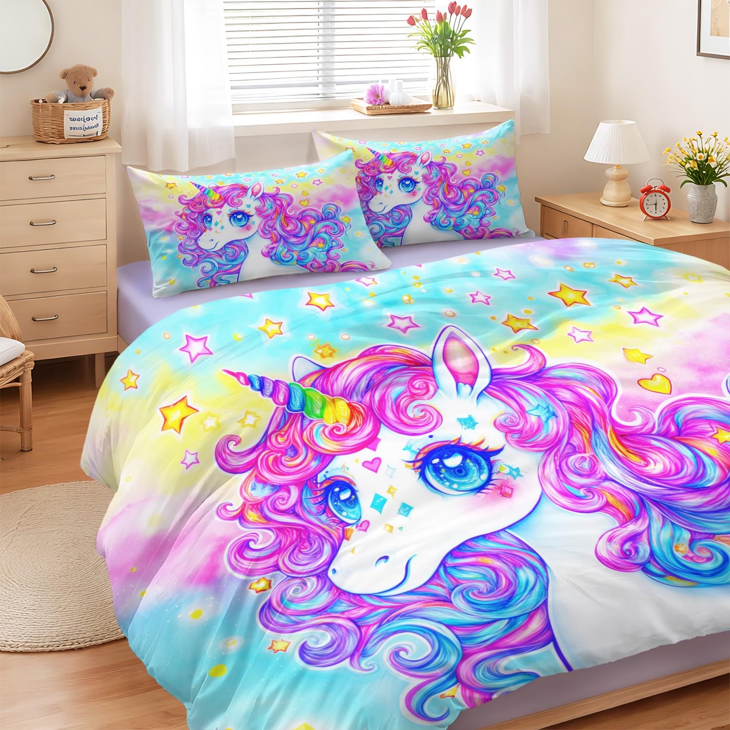Parure de lit licorne 3 pièces avec drap-housse et taies d'oreillers pour lit enfant