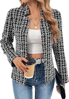 Mina Self 2026 Spring Women's Tweed Plaid Blazer Jacket - Fully Lined Open Front Stand Collar for Office Casual Wear
