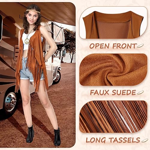 Miniatura 3 de Conjunto de ropa de disfraz hippie de los años 60 y 70 para mujer, disfraz de los años 70, tops para mujer, chaleco hippie con flecos para Halloween