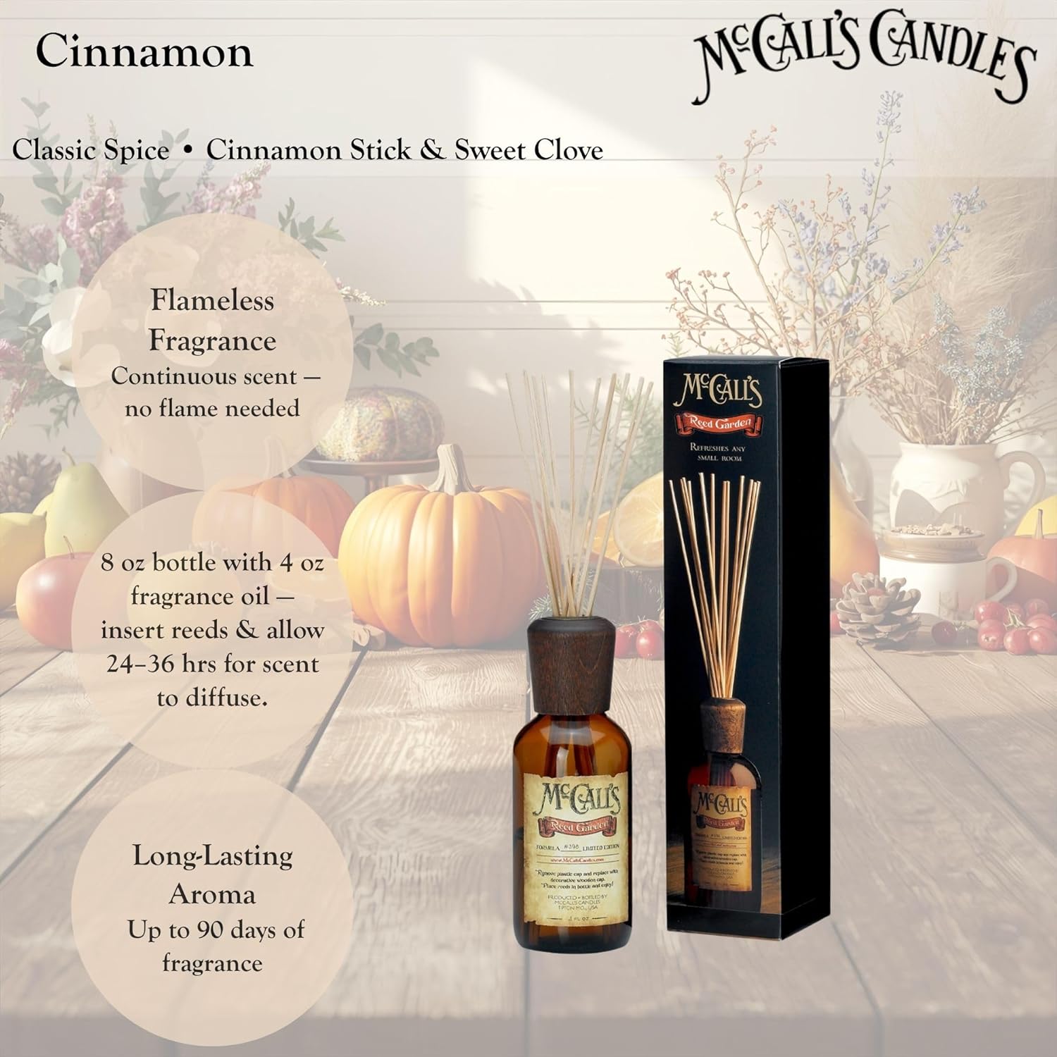 McCall’s Candles | Cinnamon | Reed Diffuser Gift Set | USA-Poured Fragrance Oil | Vintage Reed Garden with Amber Glass Bottle | Bold, Warm, Spicy Cinnamon Sticks.