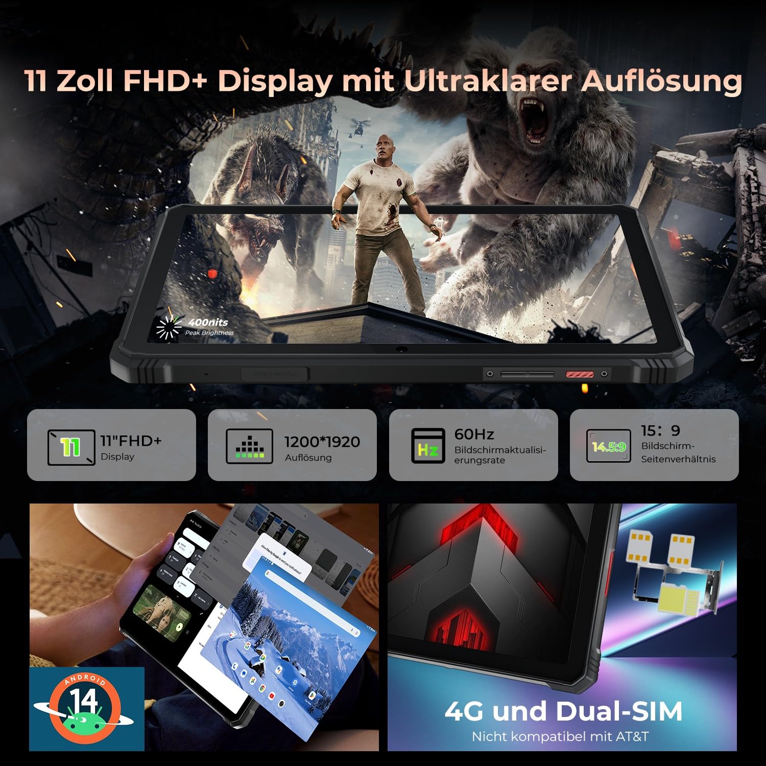 HOTWAV R9 Pro Tablet Outdoor Android 14, 4G LTE/5G WiFi Baustellen Tablet | 20GB+256GB+2TB TF, Octa-Core, 11" 2K FHD+, 20080mAh 20W Schnellladung, 64MP+16MP, IP68/IP69K Wasserdicht, DualSIM/Face ID/OTG