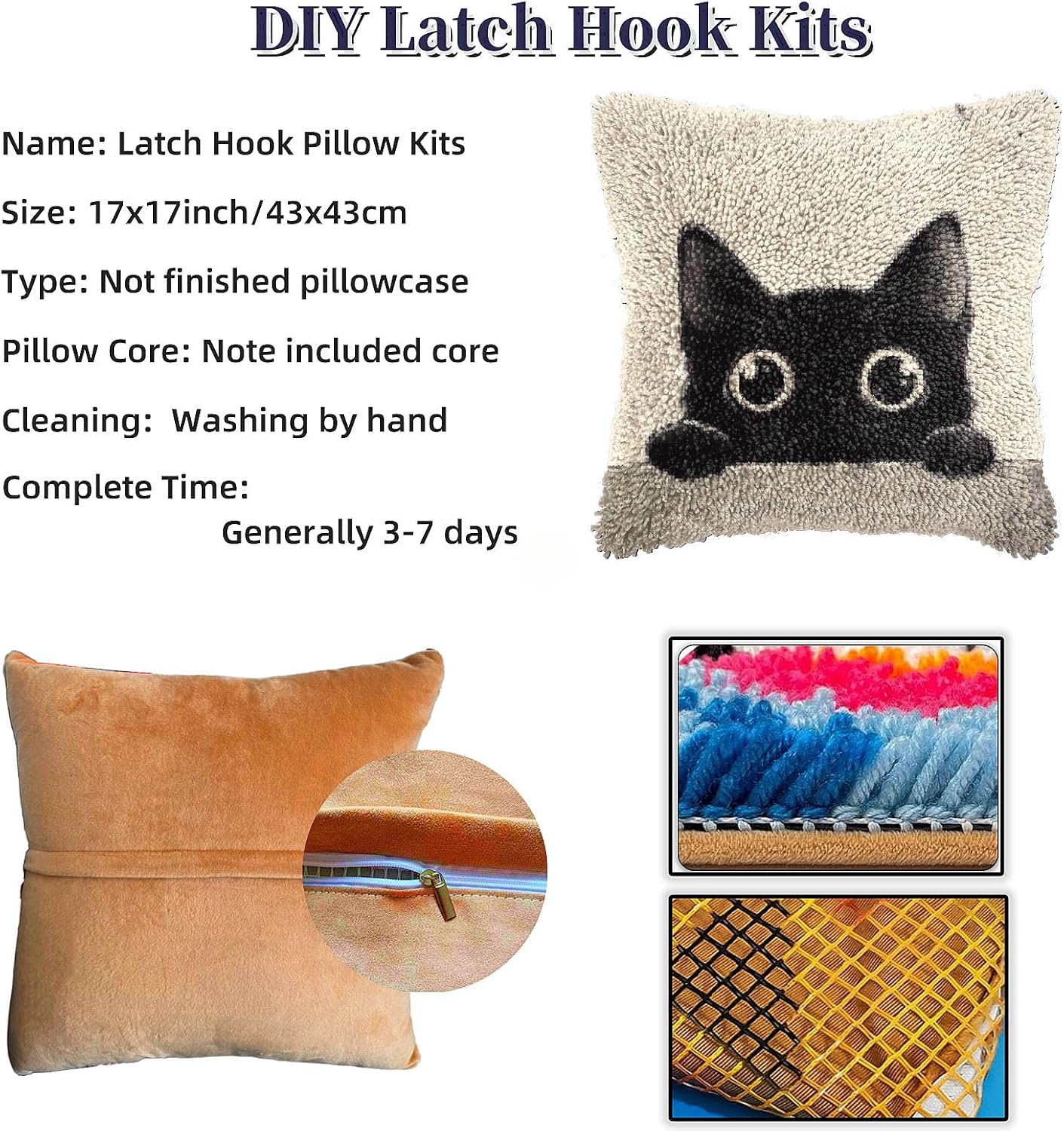 DIY Latch Hook Pillow Cover Kits Cute Black Cat Peeking Stampled Handamade Pillowcase Crochet Yarn Hook and Latch Emboridery Throw Pillow for Home Sofa Decor 43x43cm(1)