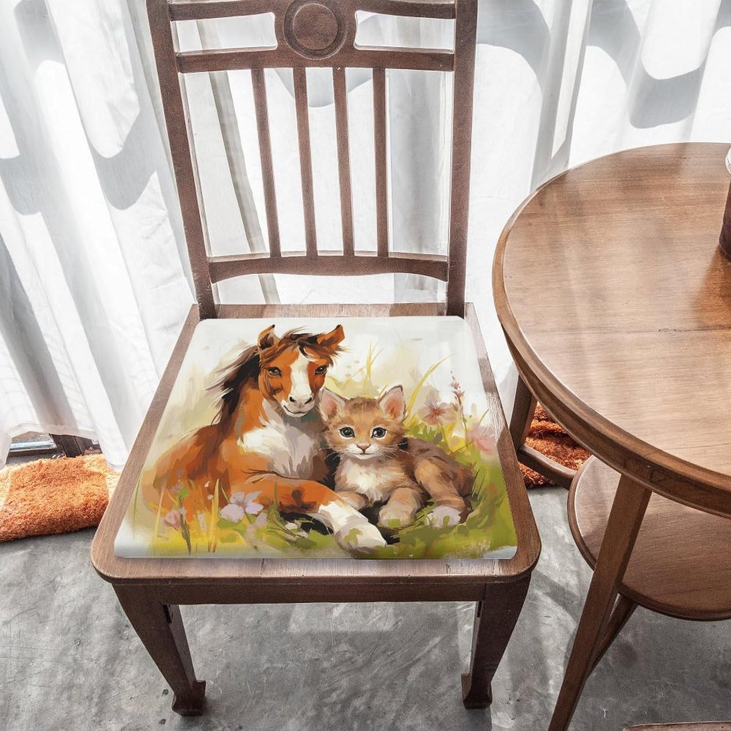 Cute Horse and Cat Chair Cushion Memory Foam Breathable Chair Pads Square Large Pillows Seating Comfort Meditation Floor Pillow Car Seat Cushion for Indoor/Outdoor Chairs